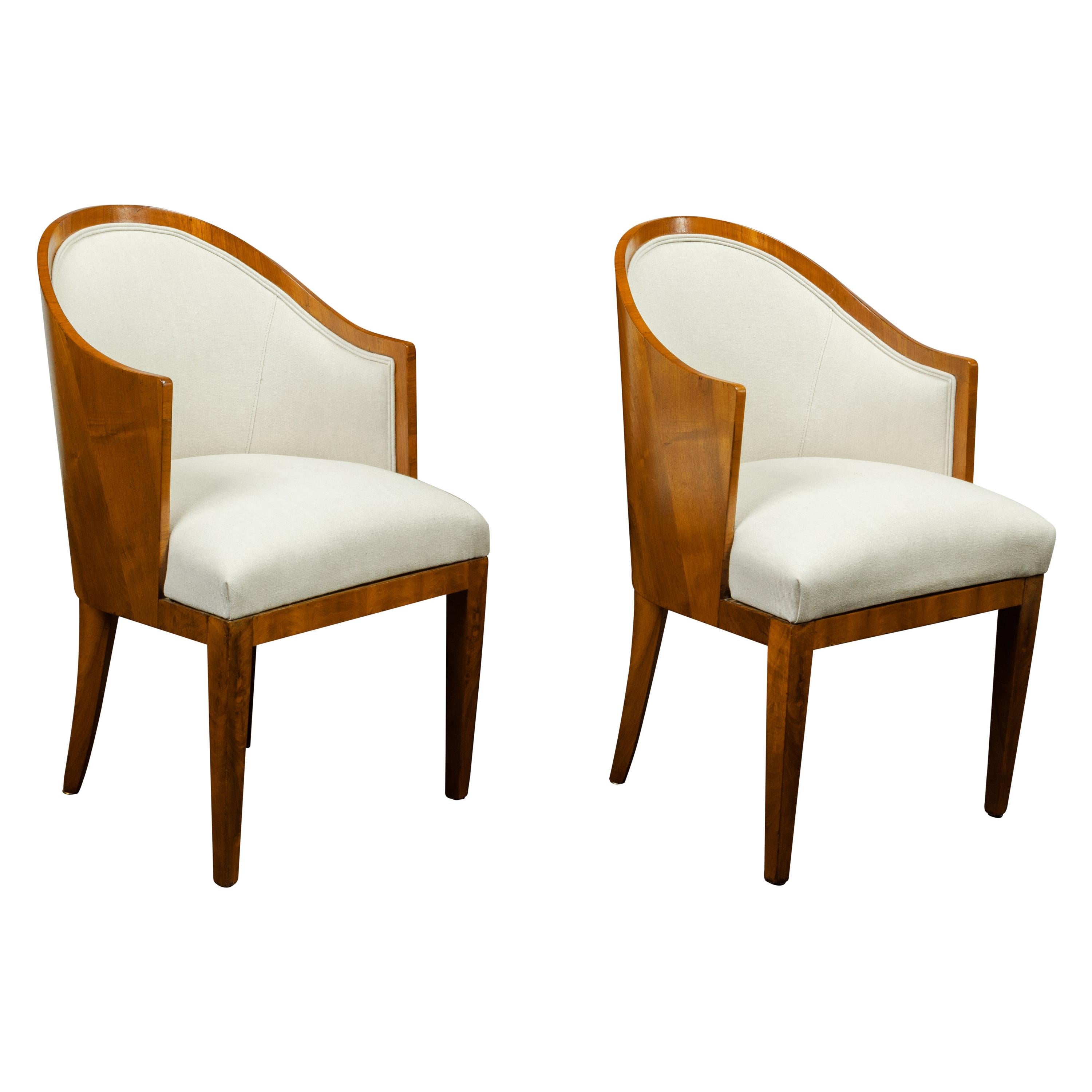 Pair of Austrian Biedermeier 1840s Walnut Wraparound Back Upholstered Chairs