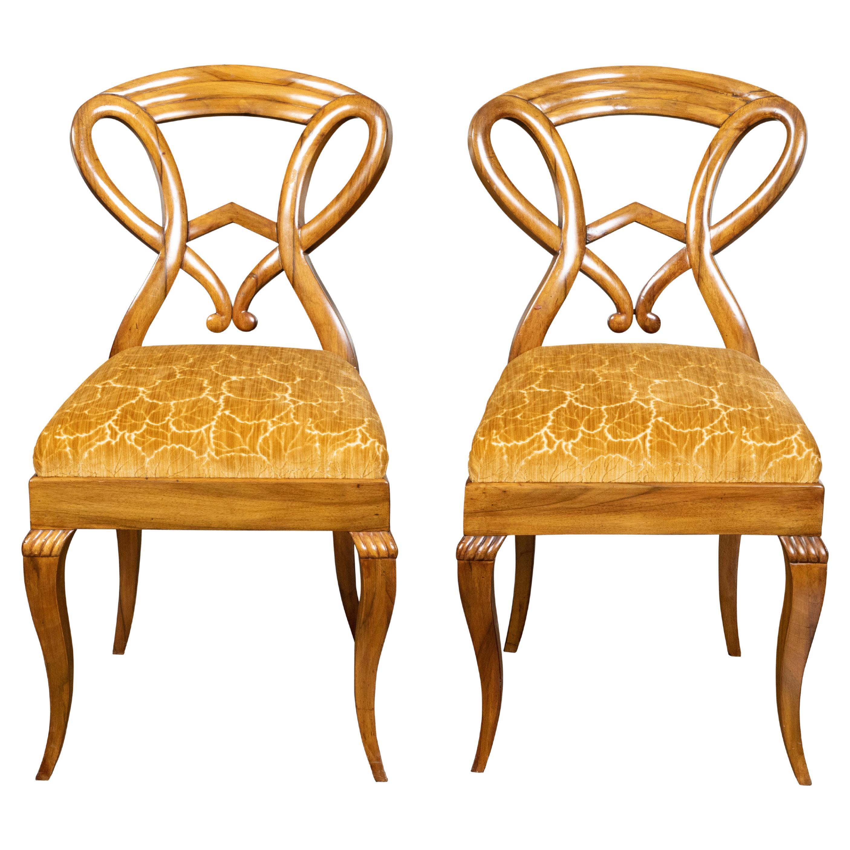 Pair of Austrian Biedermeier 19th Century Side Chairs with Carved Open Backs