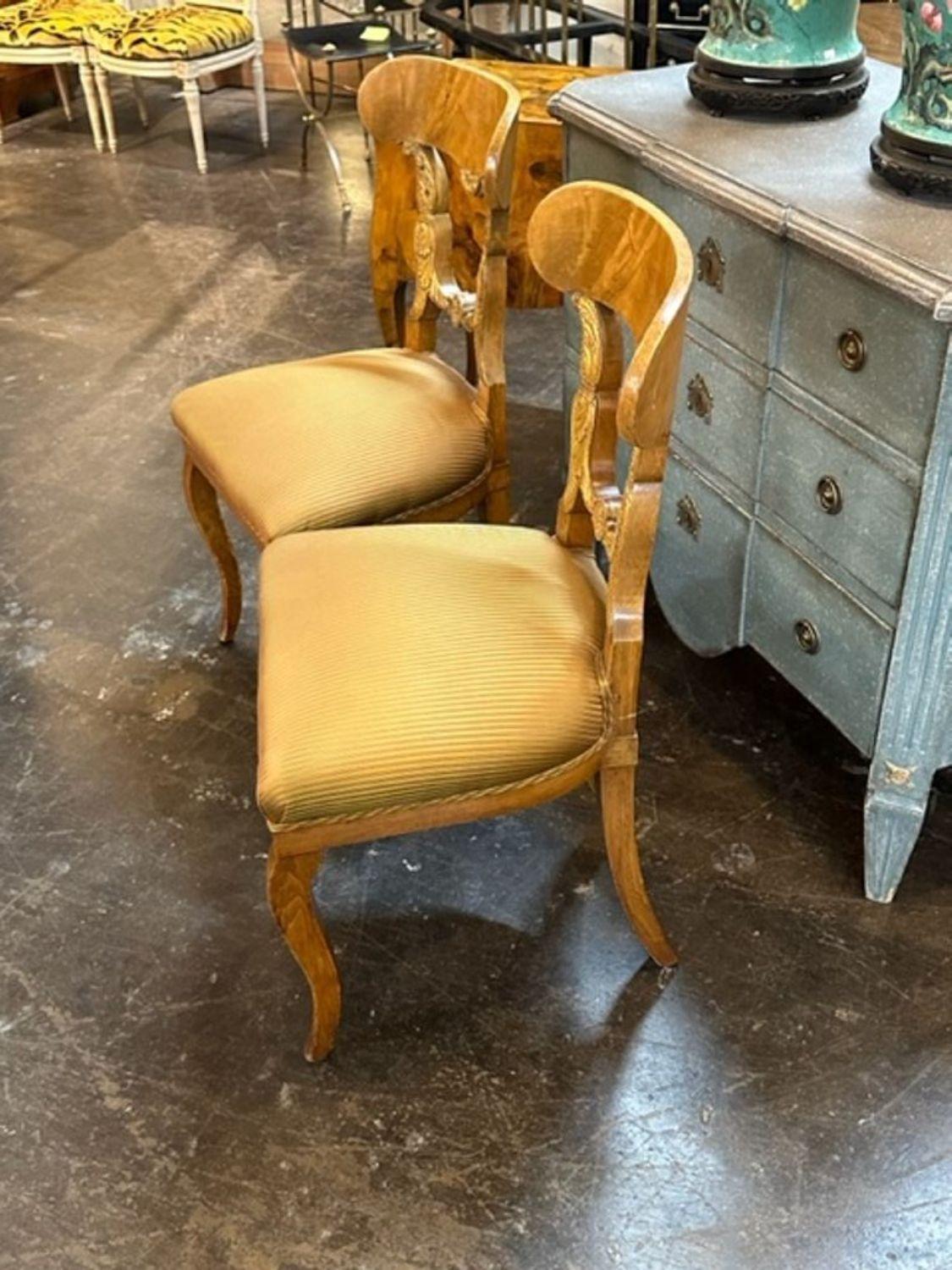 Pair of Austrian Biedermeier Carved Walnut Side Chairs For Sale 1