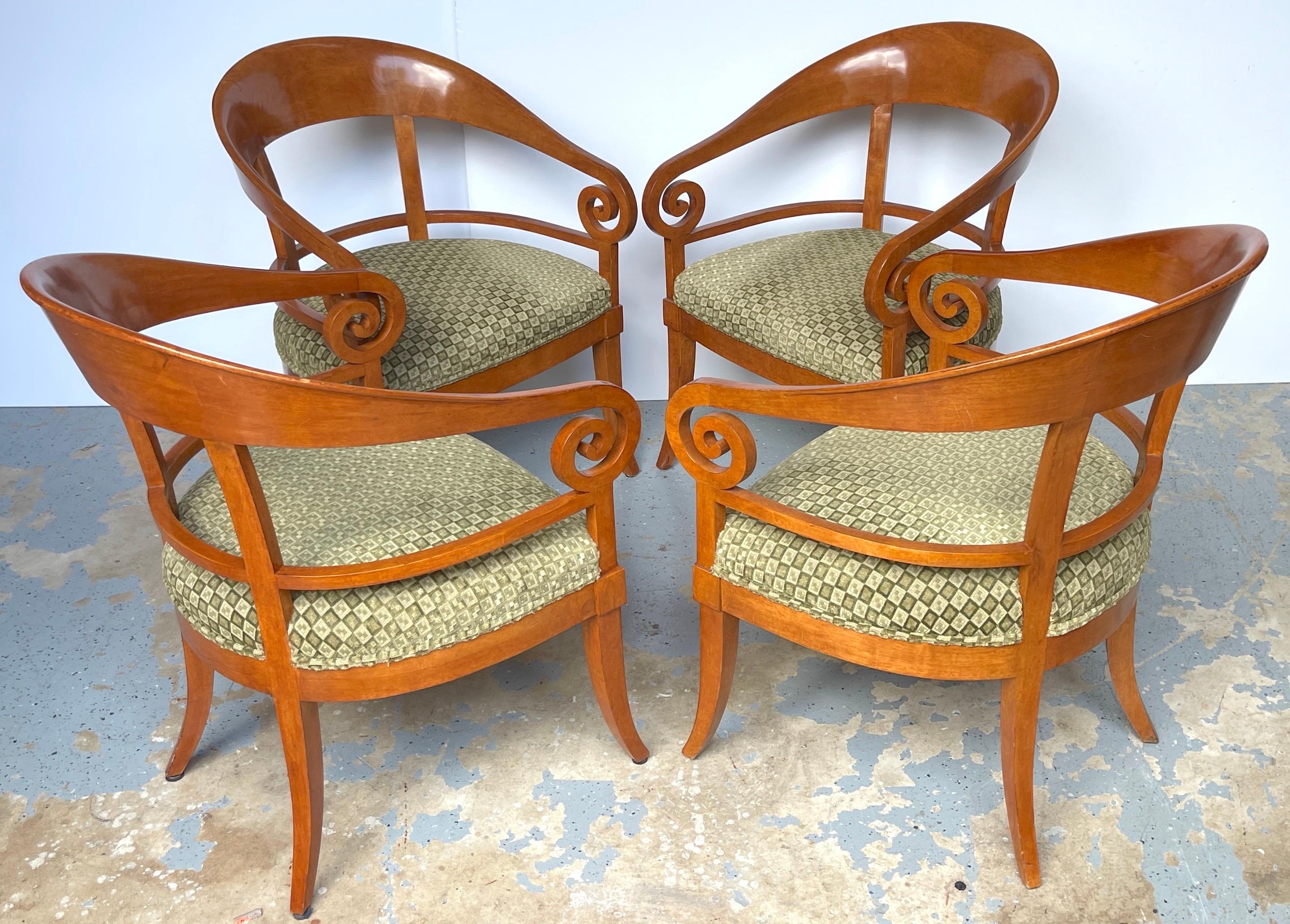 Pair of Austrian Biedermeier Fruitwood Arm/Club Chairs, 2nd Pair Available 
Austria, 20th century 

These Austrian Biedermeier fruitwood arm/club chairs from the 20th century are a beautiful representation of the Biedermeier style. Each chair