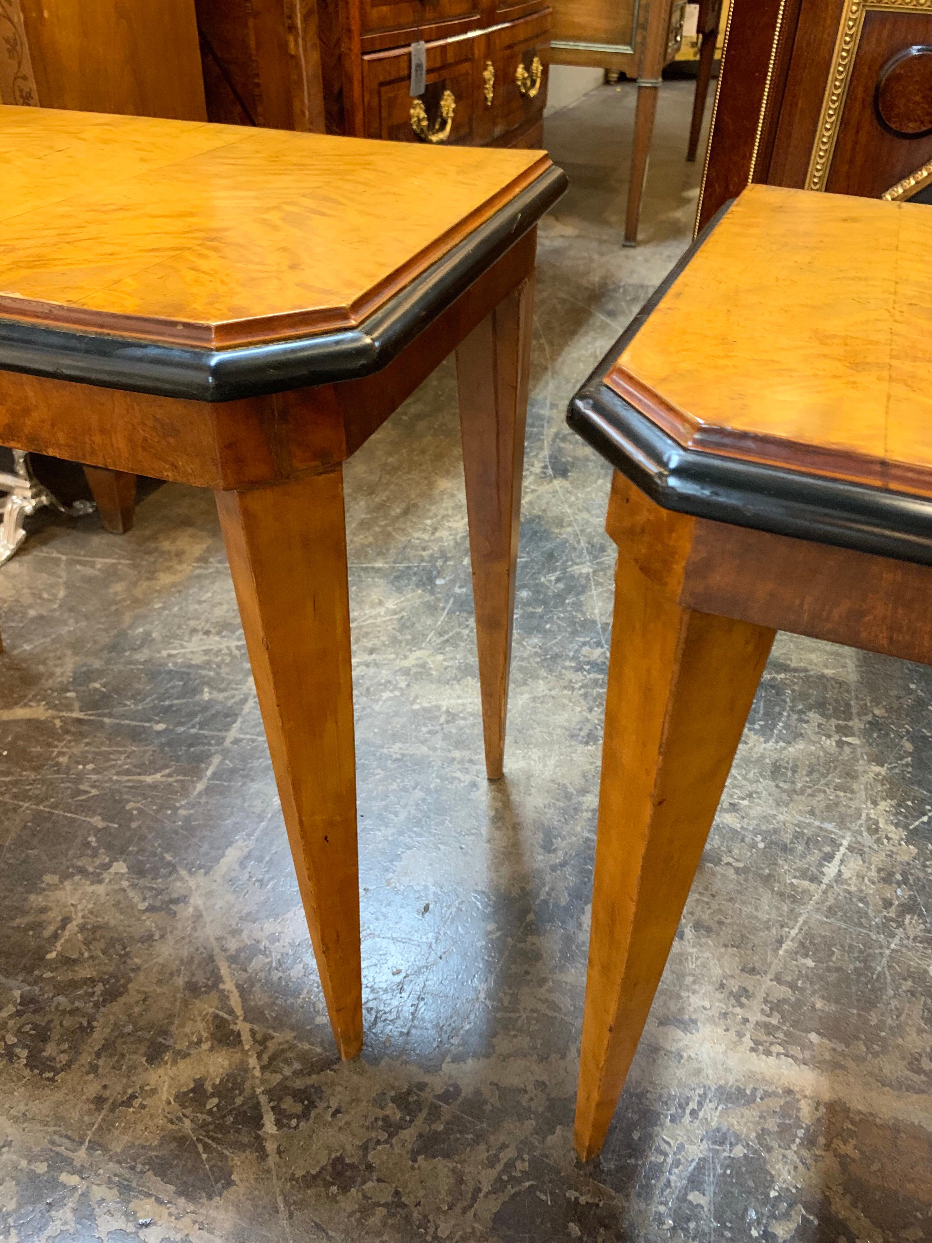 Beautiful Pair of Beidermeier style side tables with ebonized details. Very fine wood grain and finish on these.