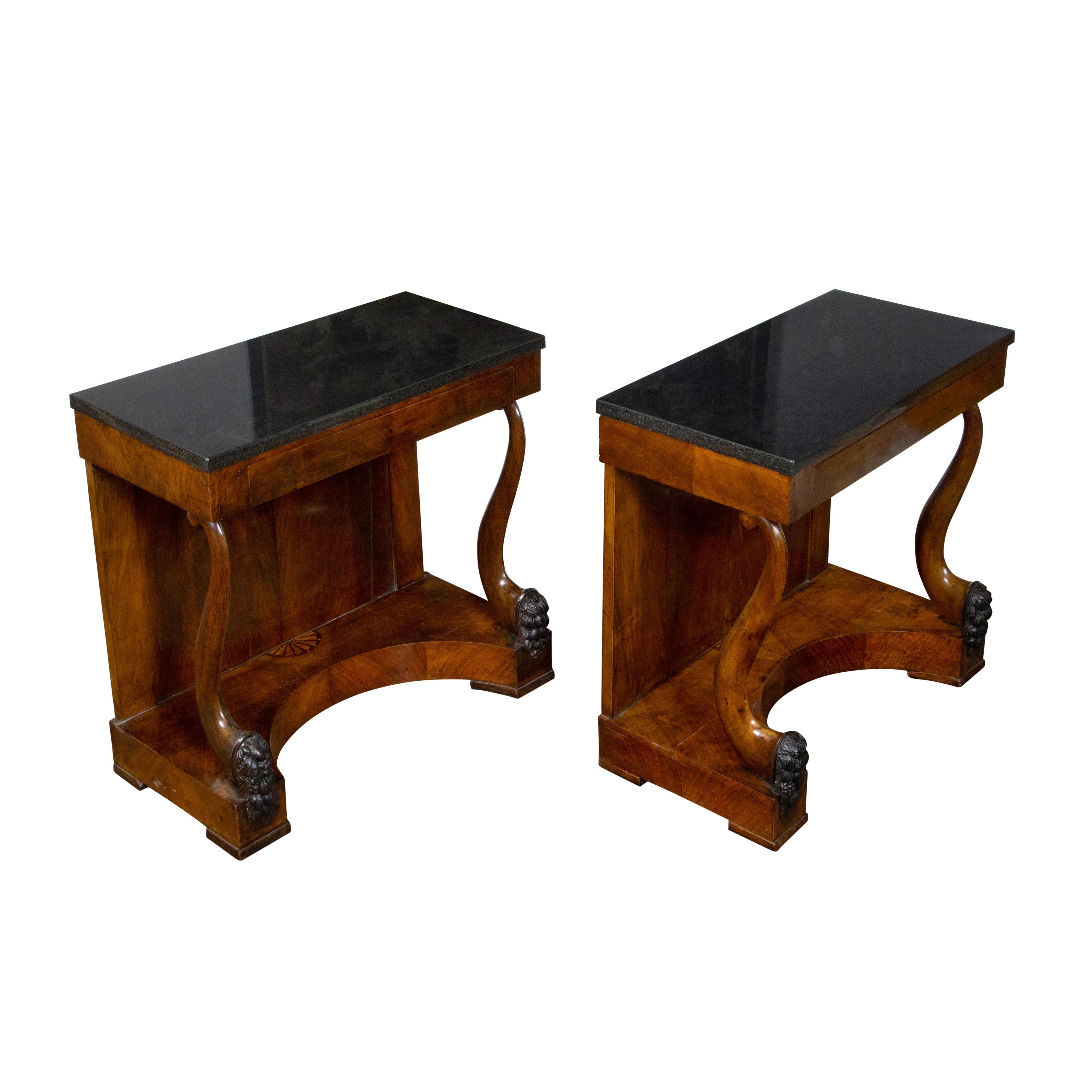 Pair of Austrian Biedermeier Period 19th Century Walnut and Marble Consoles For Sale 3