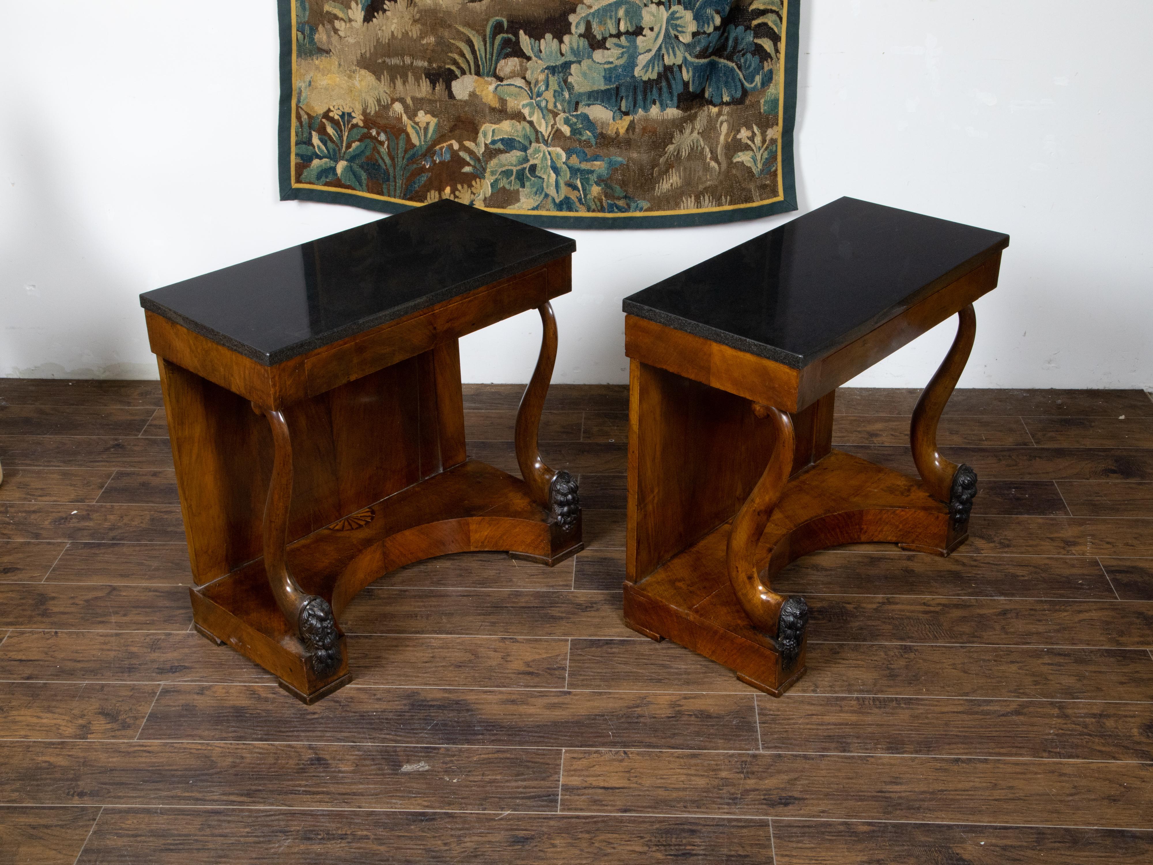 Pair of Austrian Biedermeier Period 19th Century Walnut and Marble Consoles For Sale 4