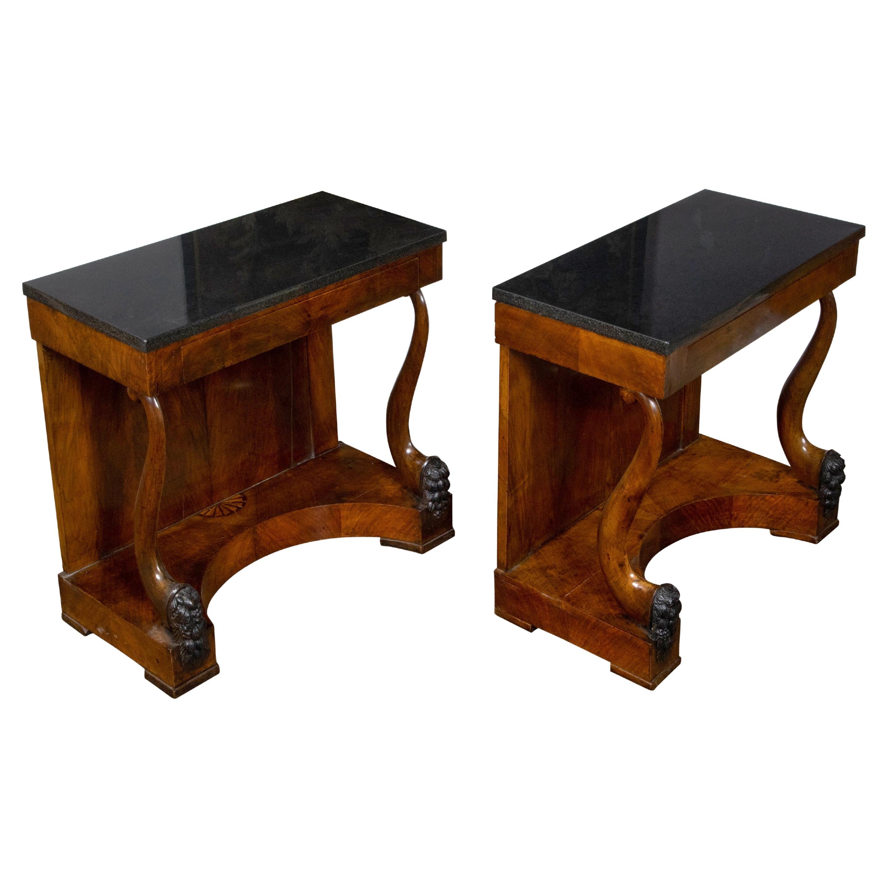 Pair of Austrian Biedermeier Period 19th Century Walnut and Marble Consoles For Sale
