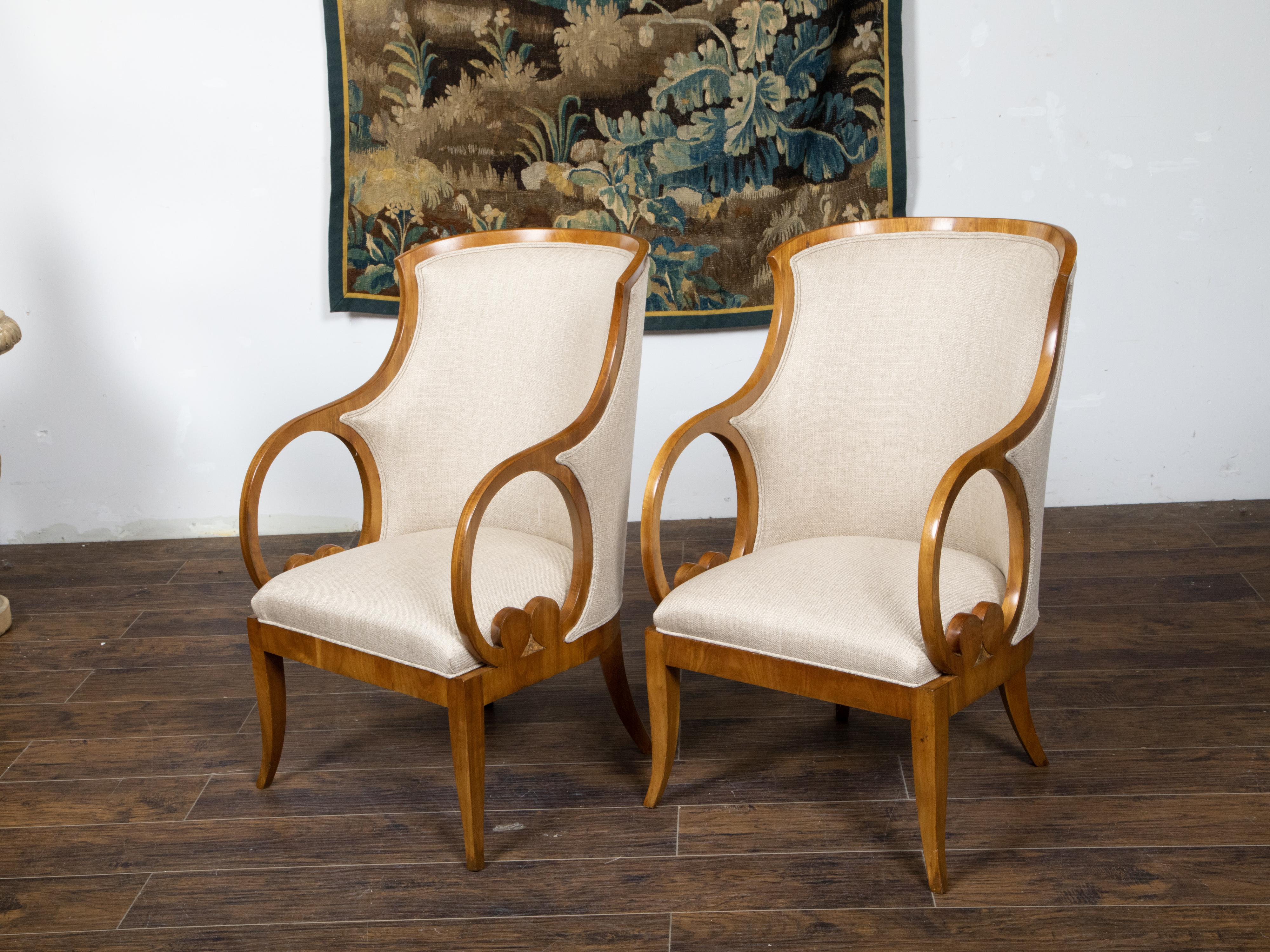 Carved Pair of Austrian Biedermeier Period 19th Century Walnut Armchairs with Loop Arms For Sale