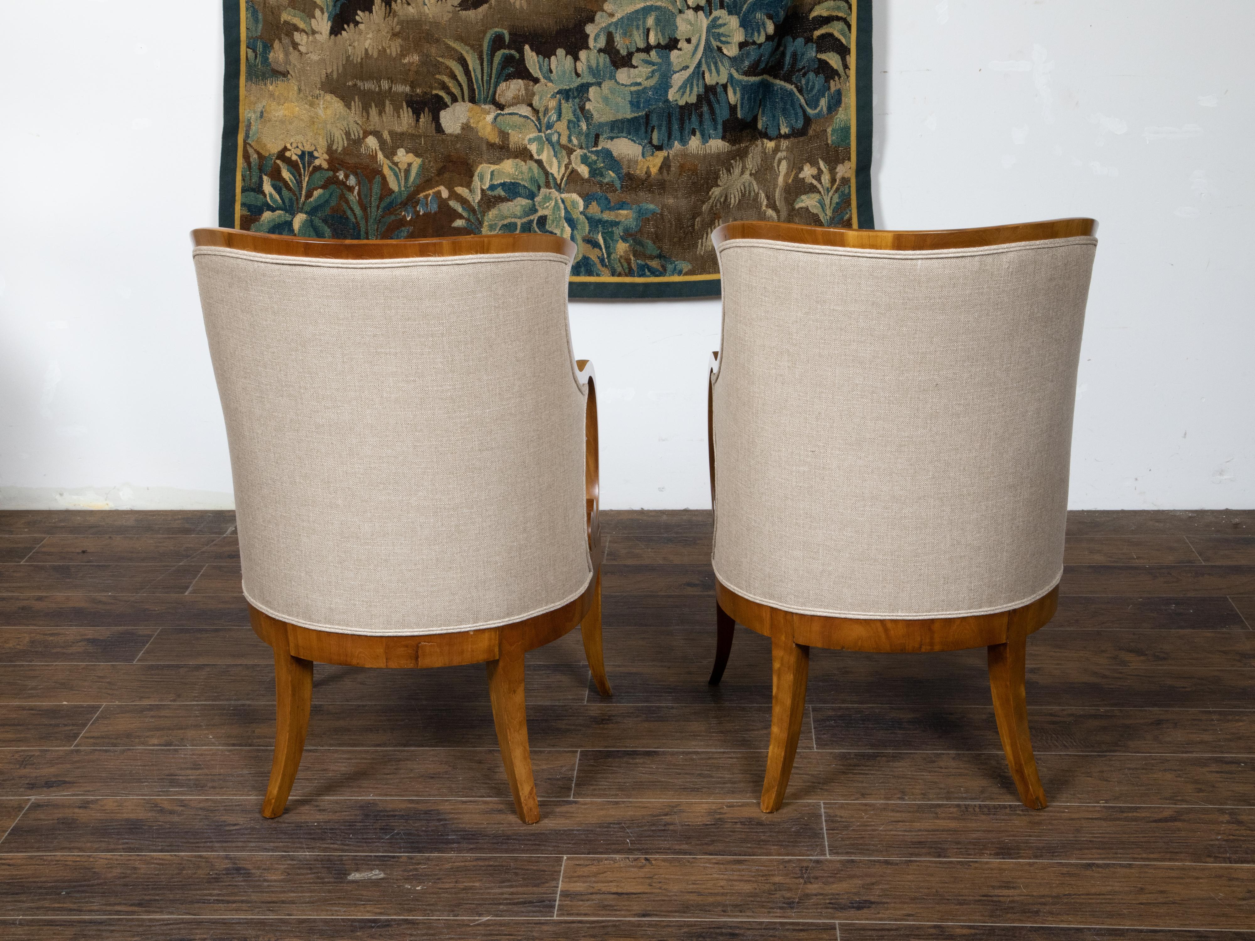 Fabric Pair of Austrian Biedermeier Period 19th Century Walnut Armchairs with Loop Arms For Sale