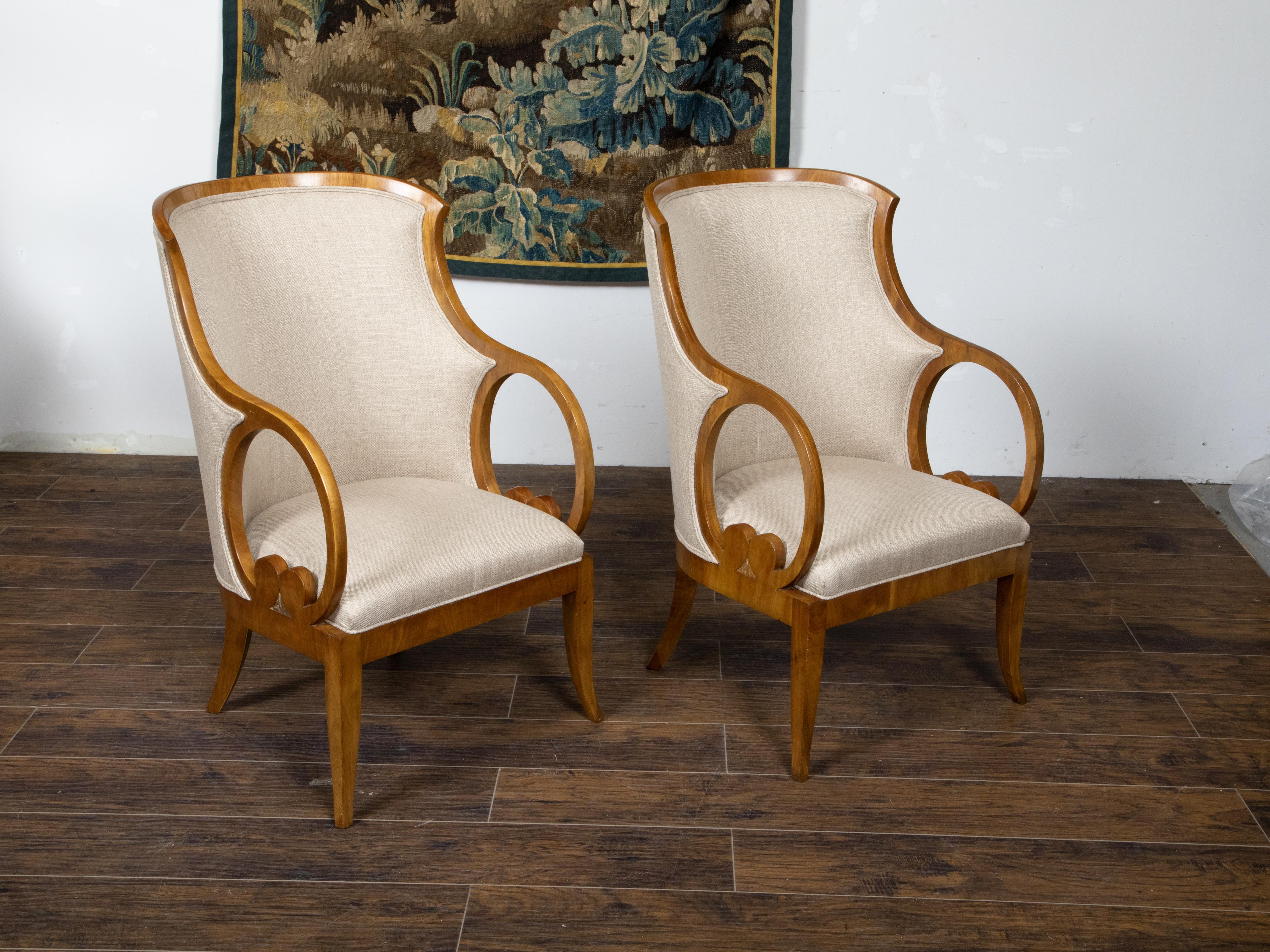 Pair of Austrian Biedermeier Period 19th Century Walnut Armchairs with Loop Arms For Sale 3