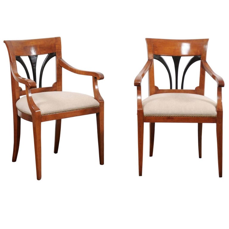 Pair Of Austrian Biedermeier Walnut Armchairs With Ebonized Wood Pair Of Austrian Biedermeier Walnut Armchairs With Ebonized Wood Accents 1880s For