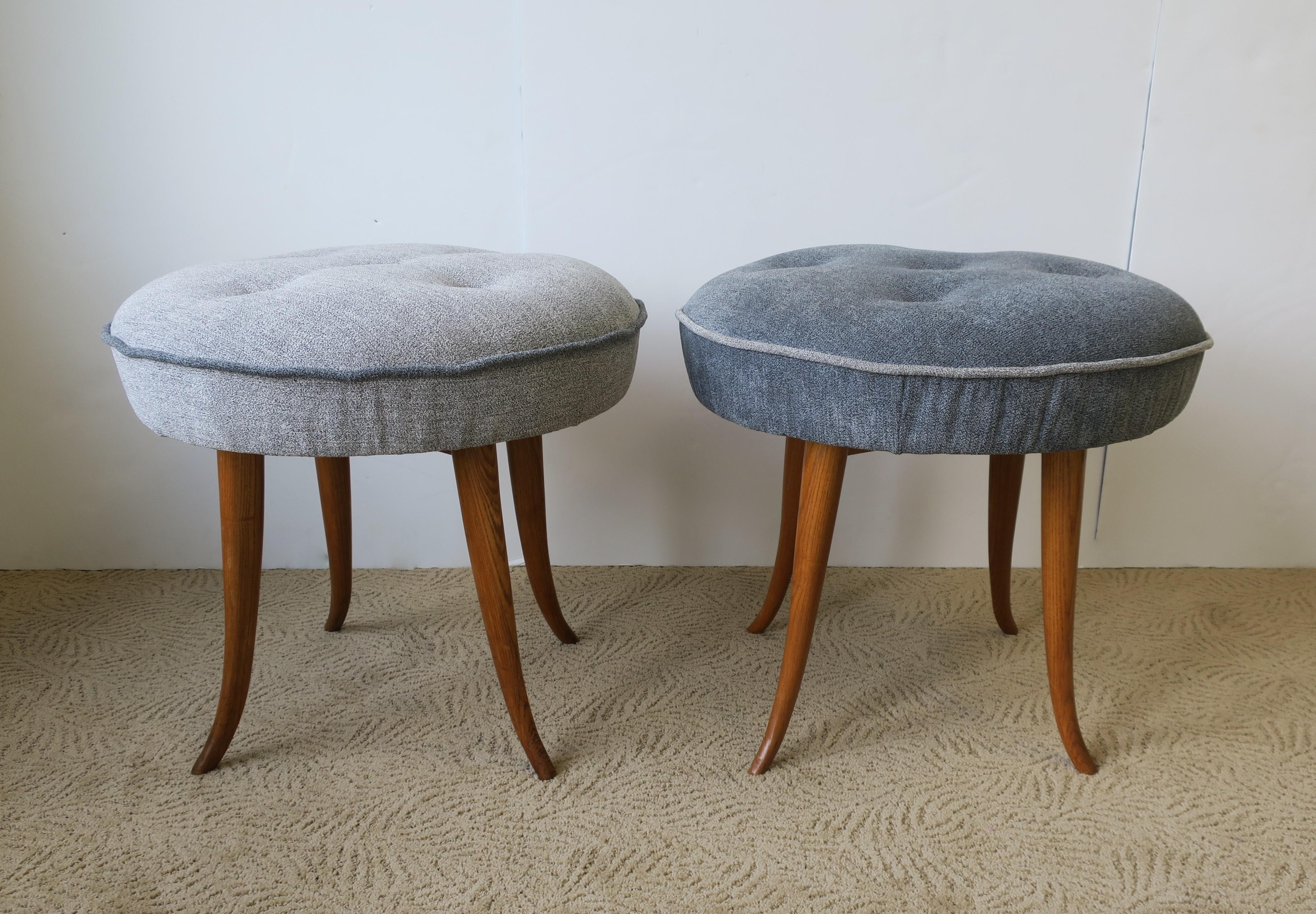 Austrian Blue Upholstered Wood Stools after Josef Frank, Pair In Good Condition In New York, NY