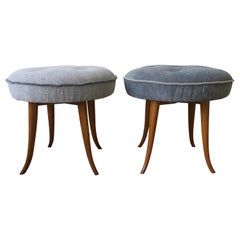 Austrian Blue Upholstered Wood Stools after Josef Frank, Pair