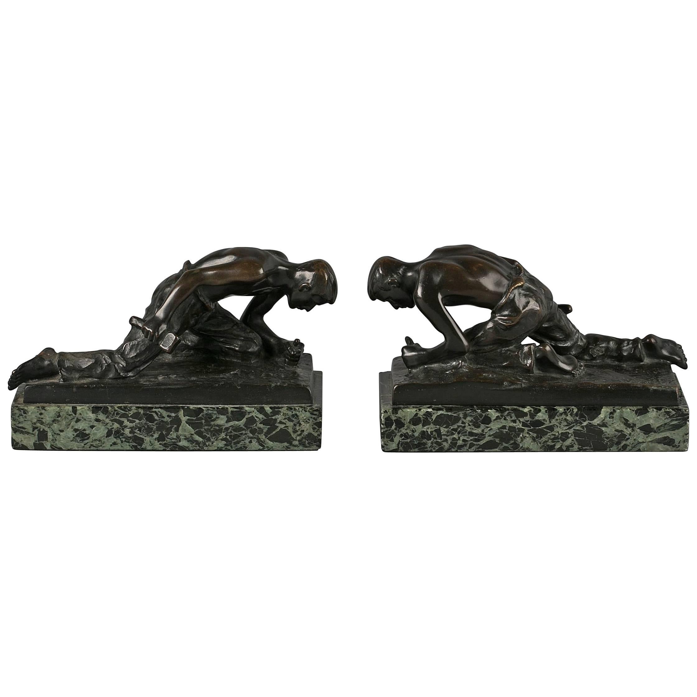 Pair of Austrian Bronze and Marble Figural Bookends, circa 1910 For Sale