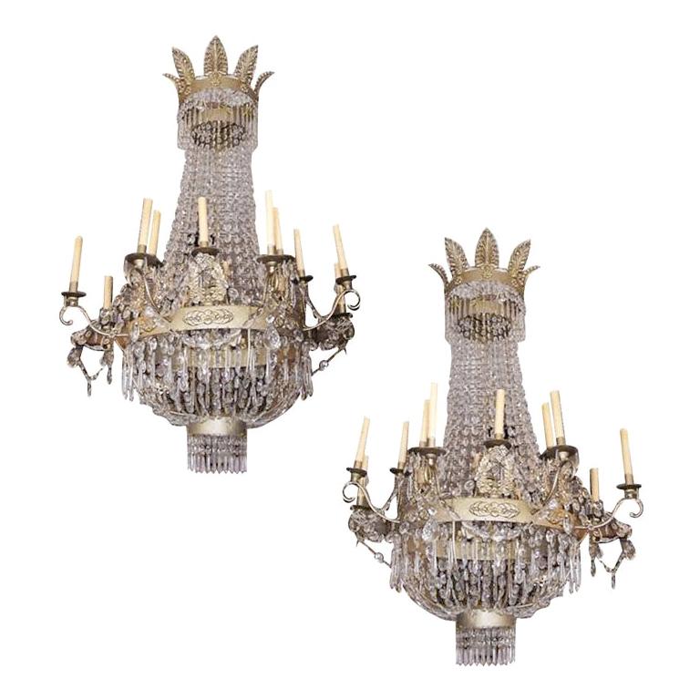 Pair of Austrian Regency Gilt Bronze Foliage and Crystal Chandeliers, C. 1815 For Sale