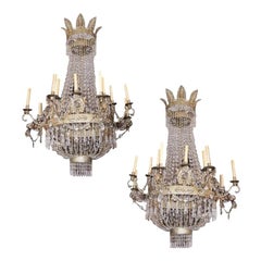 Pair of Austrian Regency Gilt Bronze Foliage and Crystal Chandeliers, C. 1815