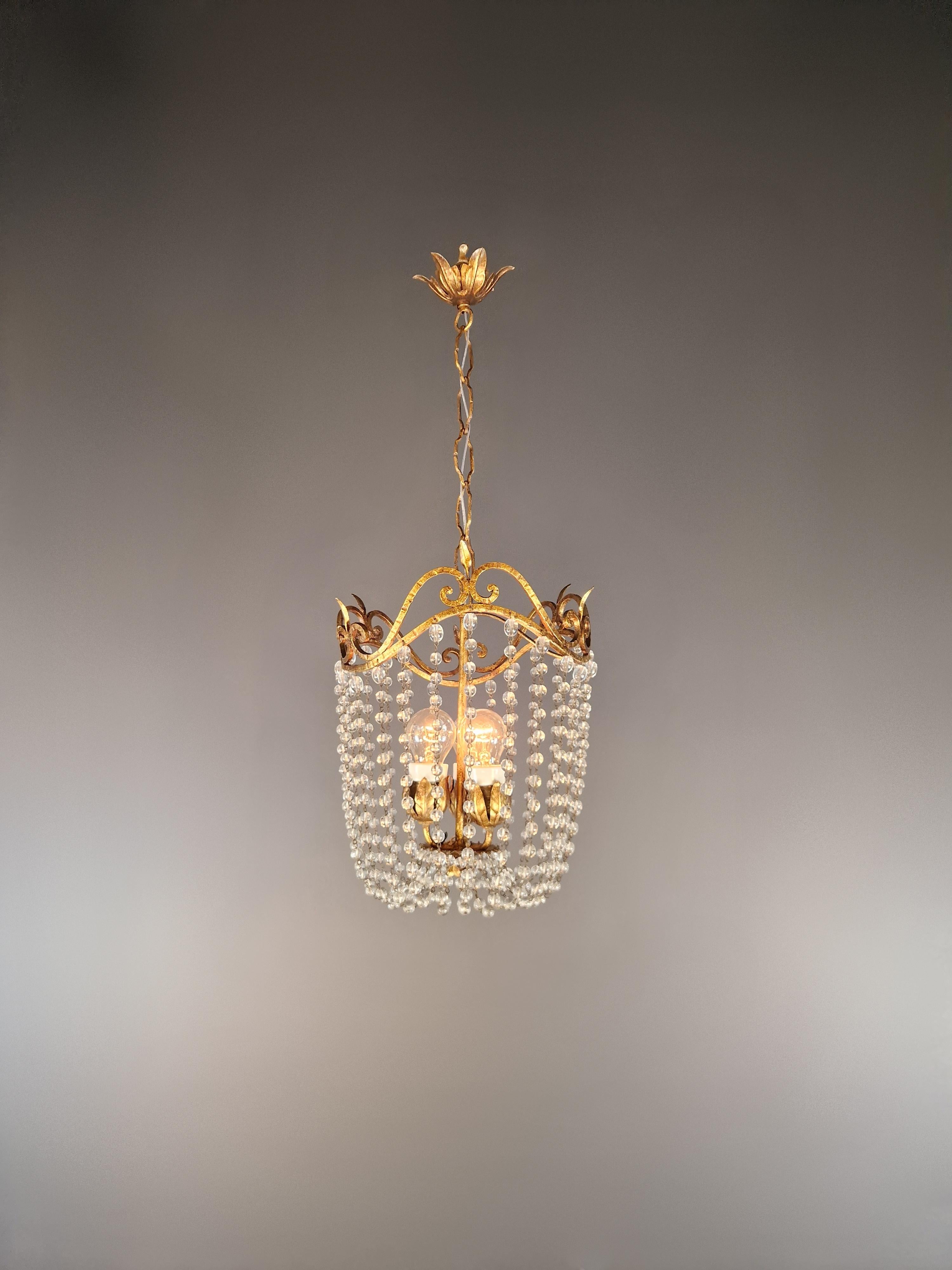 Vienna Secession Pair of Austrian Chandeliers Viennese Empire Brass Pearl Crystal Antique
