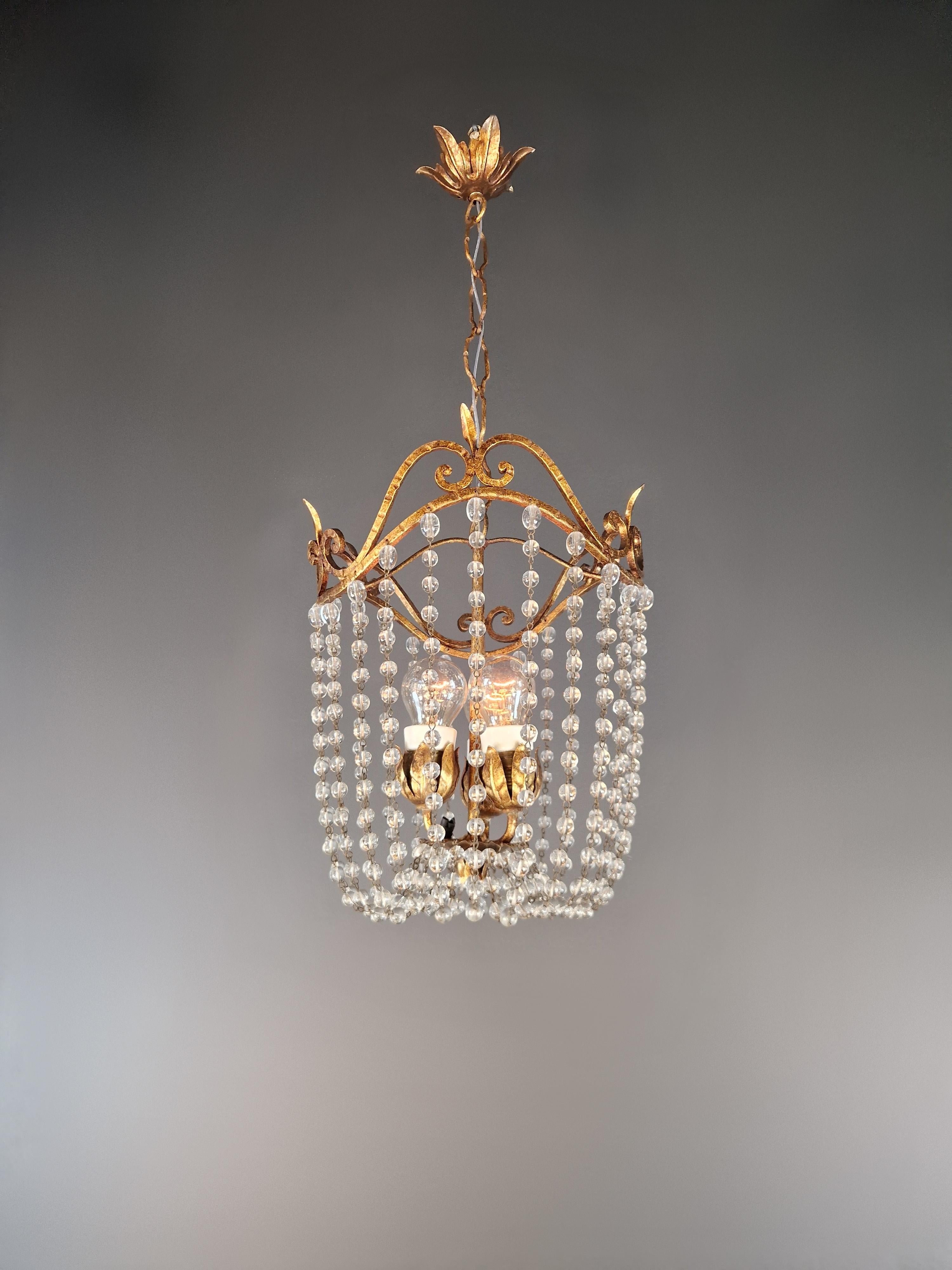 Hand-Knotted Pair of Austrian Chandeliers Viennese Empire Brass Pearl Crystal Antique