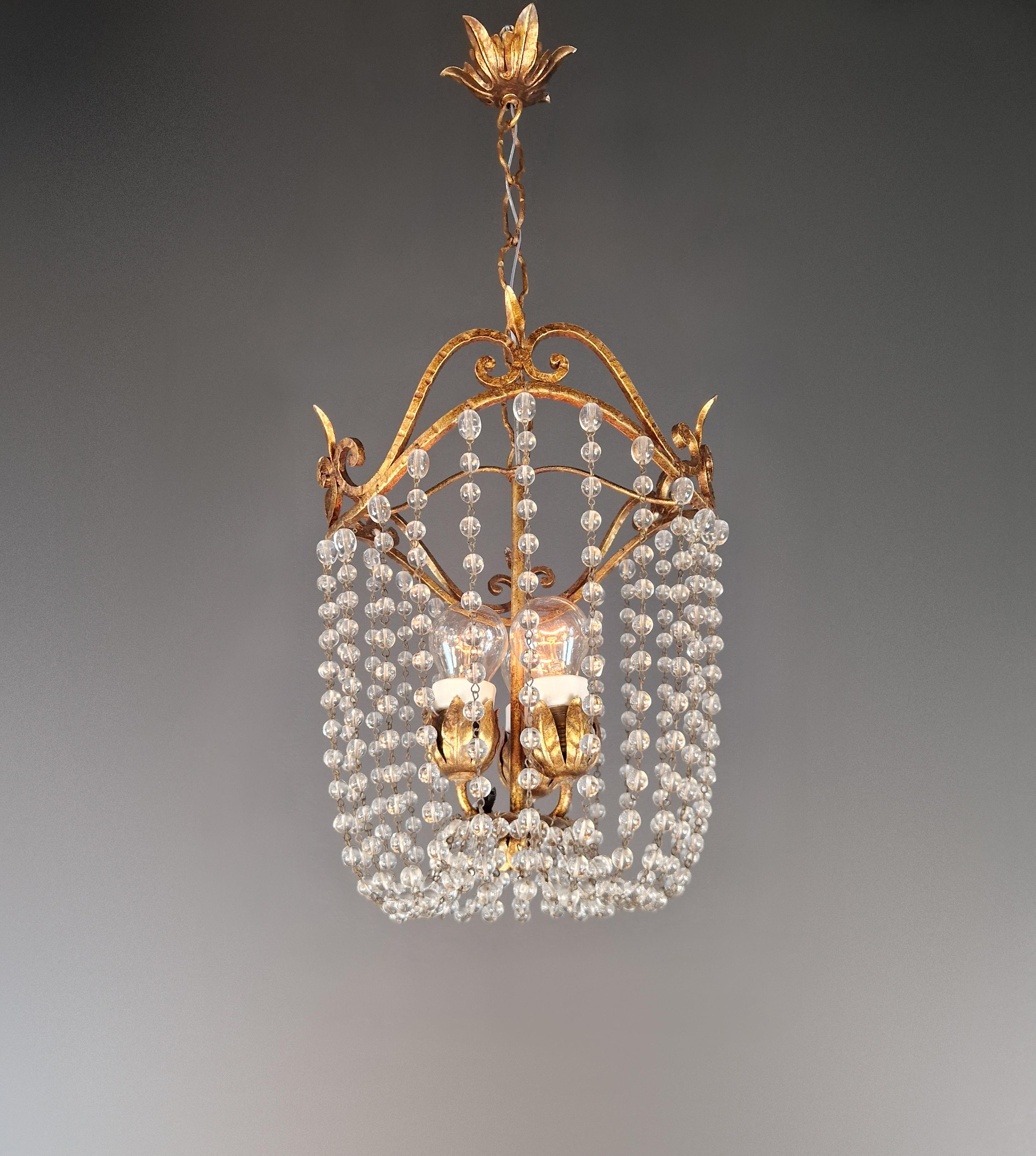 Early 20th Century Pair of Austrian Chandeliers Viennese Empire Brass Pearl Crystal Antique