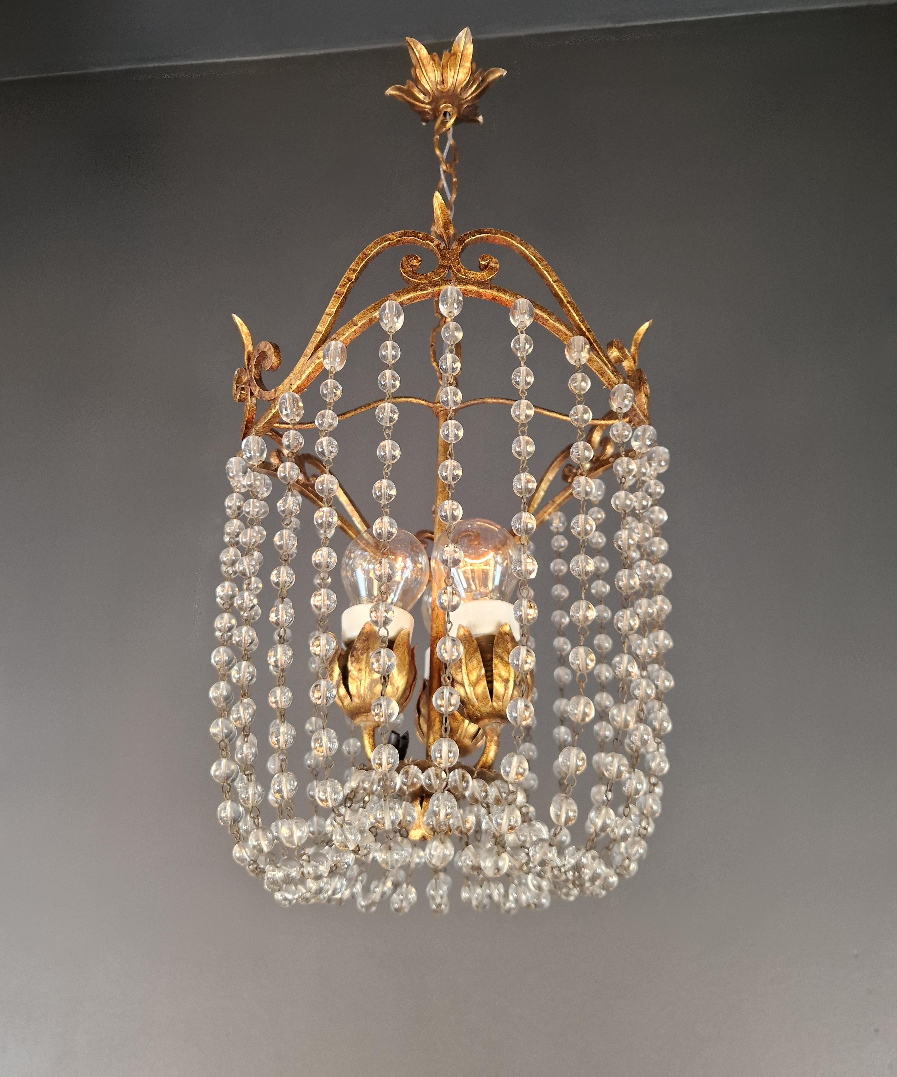 Pair of Austrian Chandeliers Viennese Empire Brass Pearl Crystal Antique 1