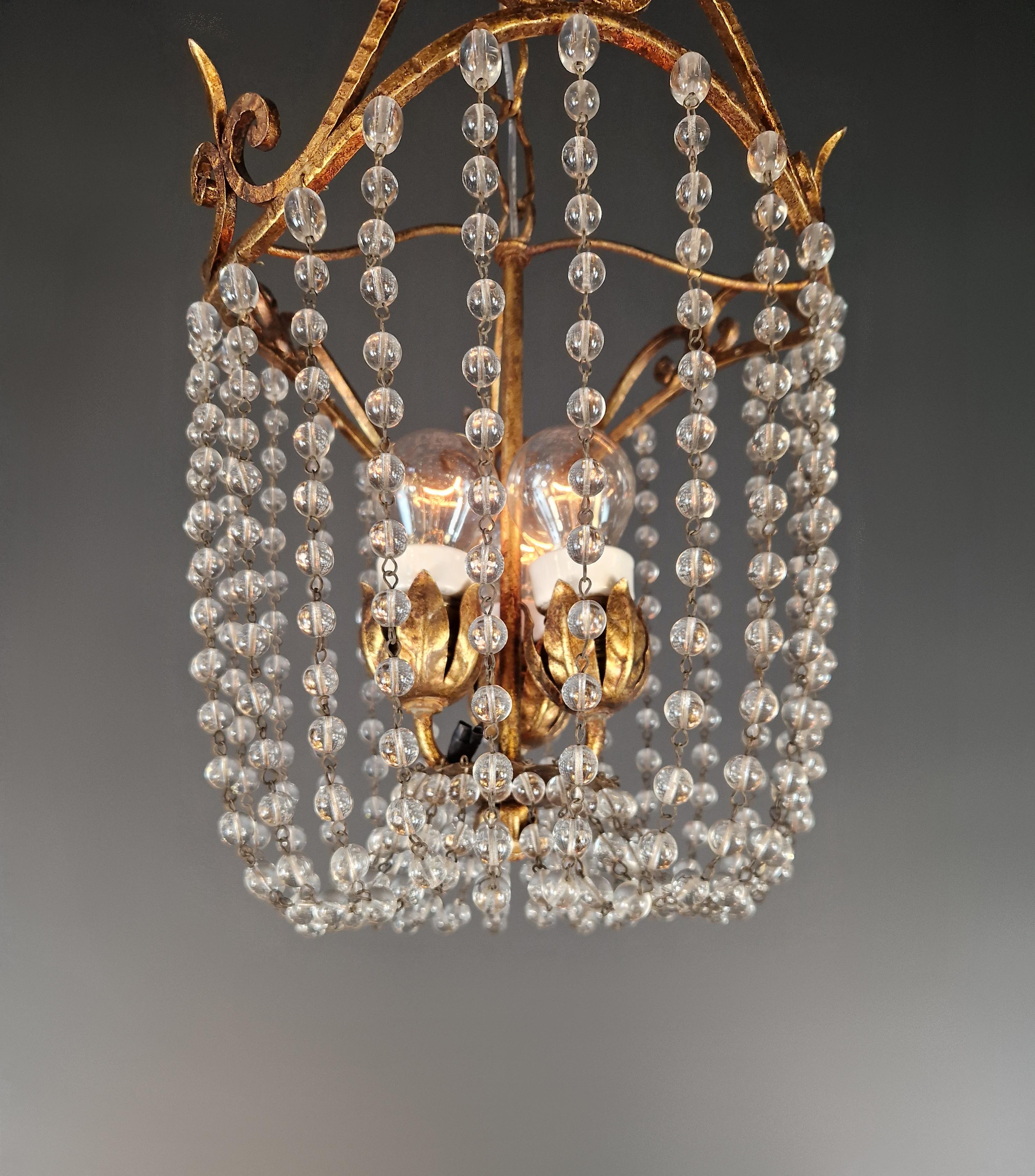 Pair of Austrian Chandeliers Viennese Empire Brass Pearl Crystal Antique 2