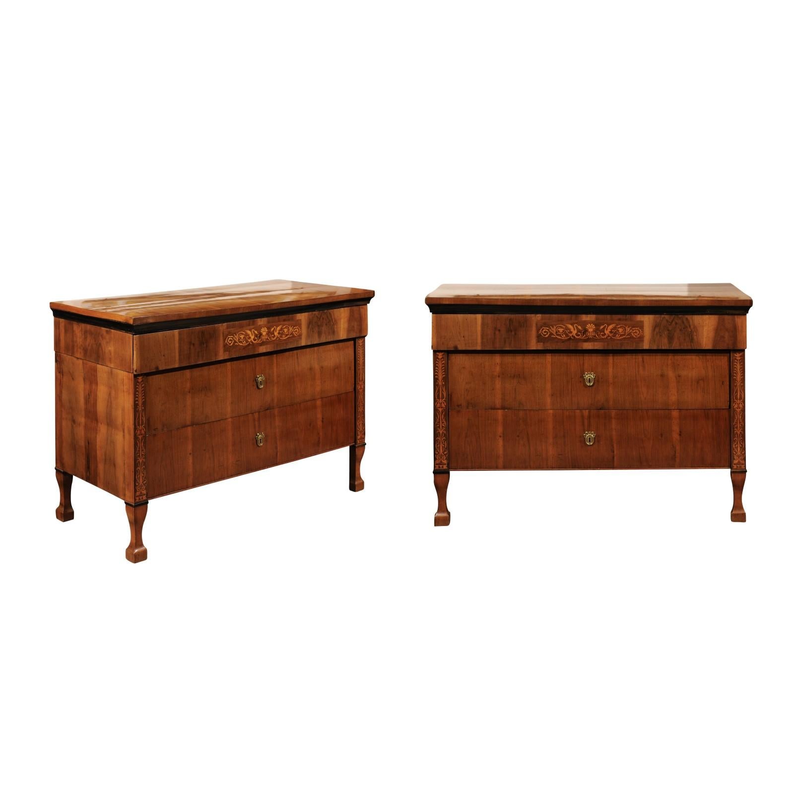 Pair of Austrian Early 19th Century Walnut Commodes with Three Drawers