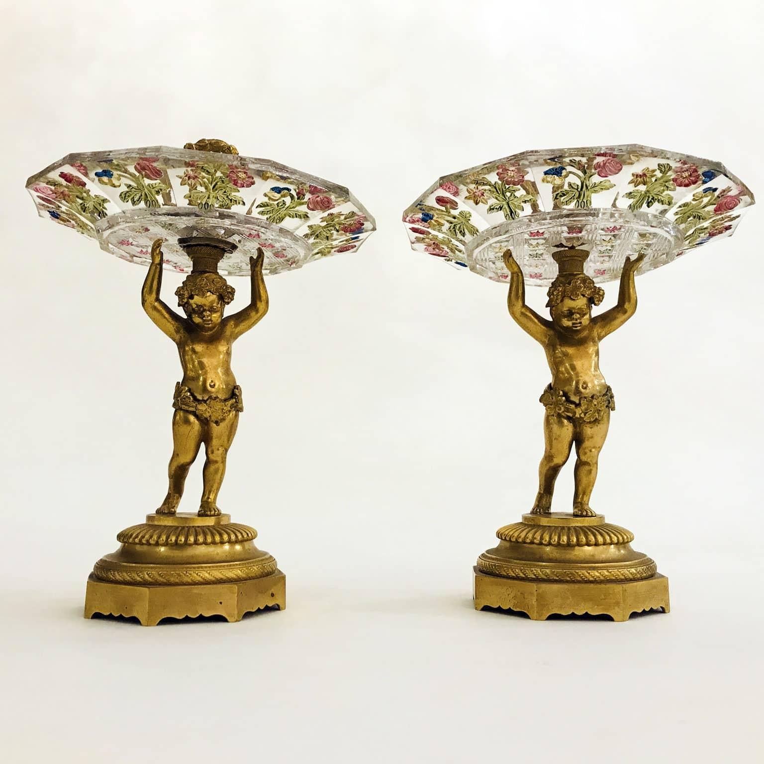Bohemian Pair of Austrian Gilded Figural Comports with Putti 19th Century For Sale