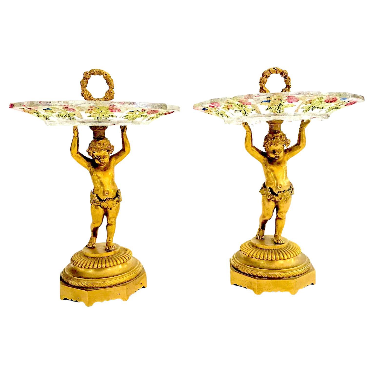 Pair of Austrian Gilded Figural Comports with Putti 19th Century