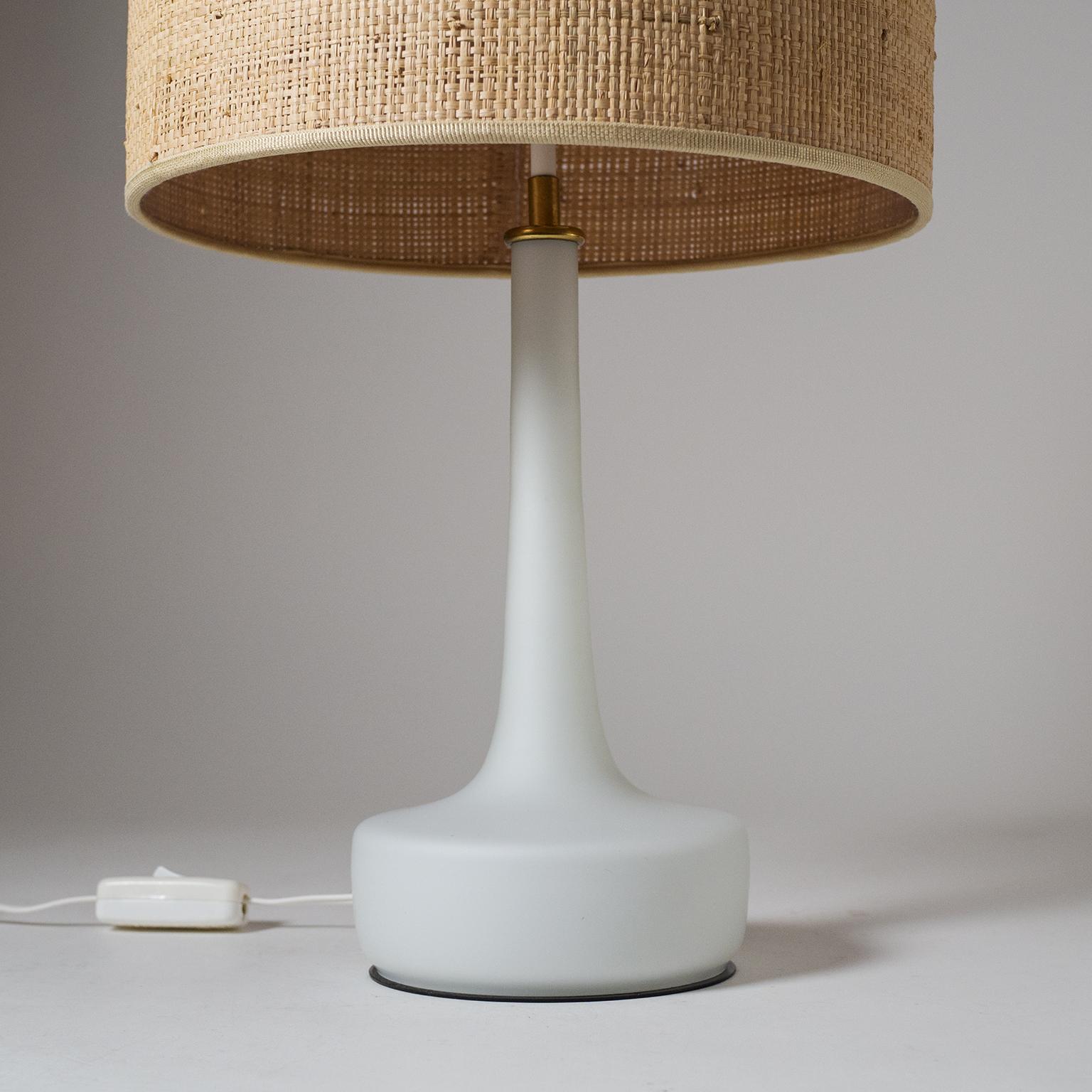 Frosted Pair of Austrian Glass Table Lamps, 1960s, Raffia Shades 