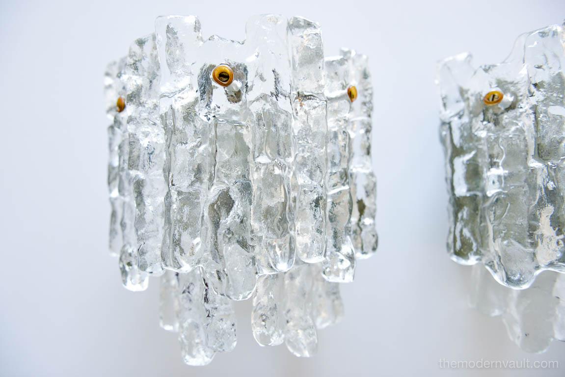 Mid-Century Modern Pair of Austrian Ice Glass Wall Sconces by J.T. Kalmar, Austria, circa 1970