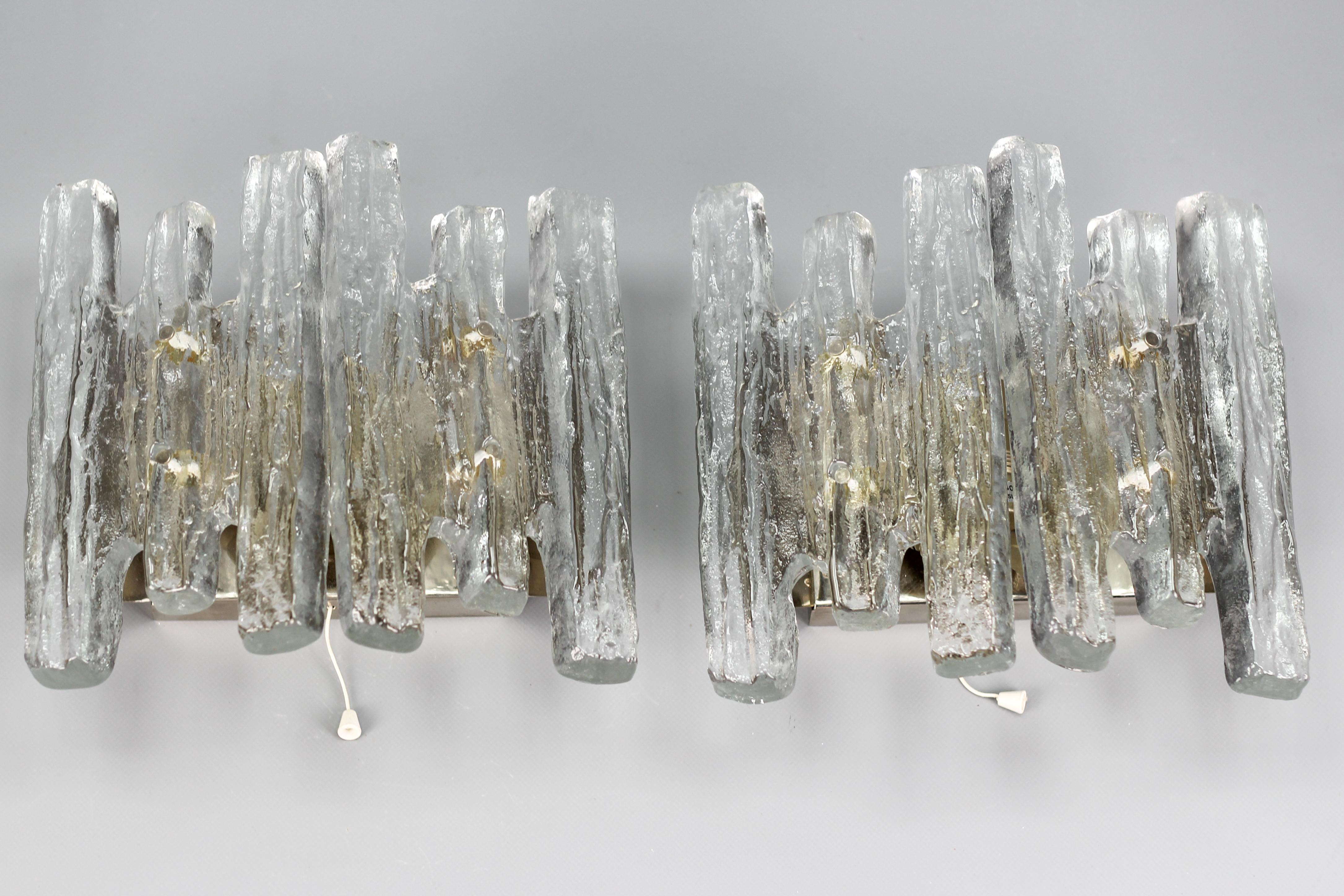 Mid-Century Modern Pair of Austrian Icicle Ice Glass Three-Light Sconces by Kalmar Franken KG For Sale