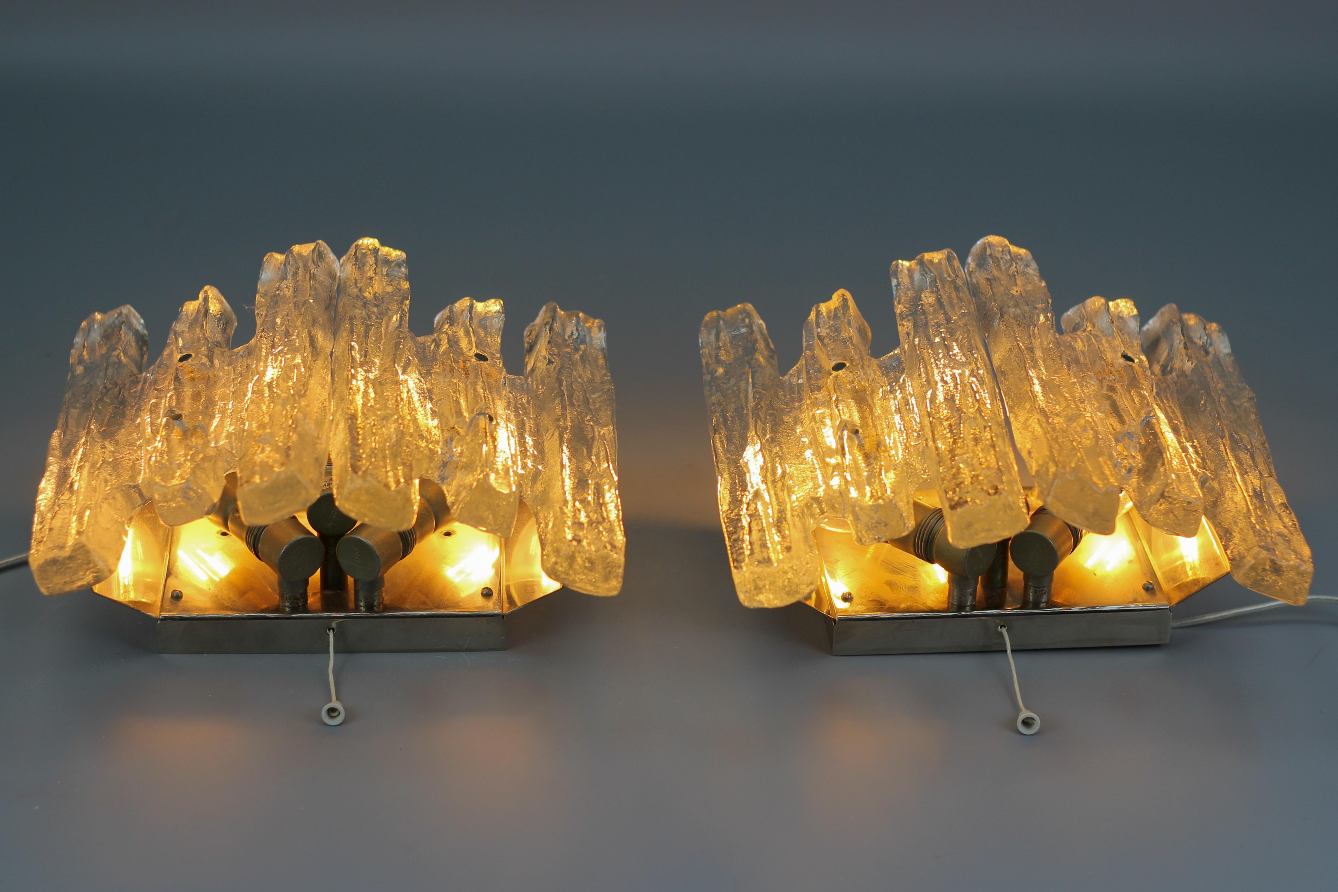 Late 20th Century Pair of Austrian Icicle Ice Glass Three-Light Sconces by Kalmar Franken KG For Sale