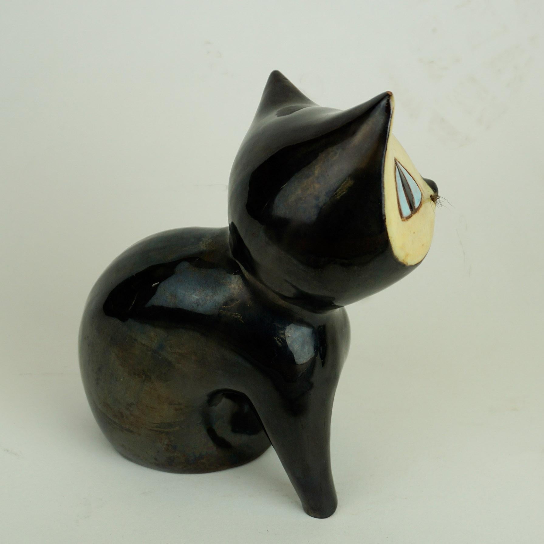 Pair of Austrian Midcentury Black Glazed Ceramic Cats by Leopold Anzengruber 8