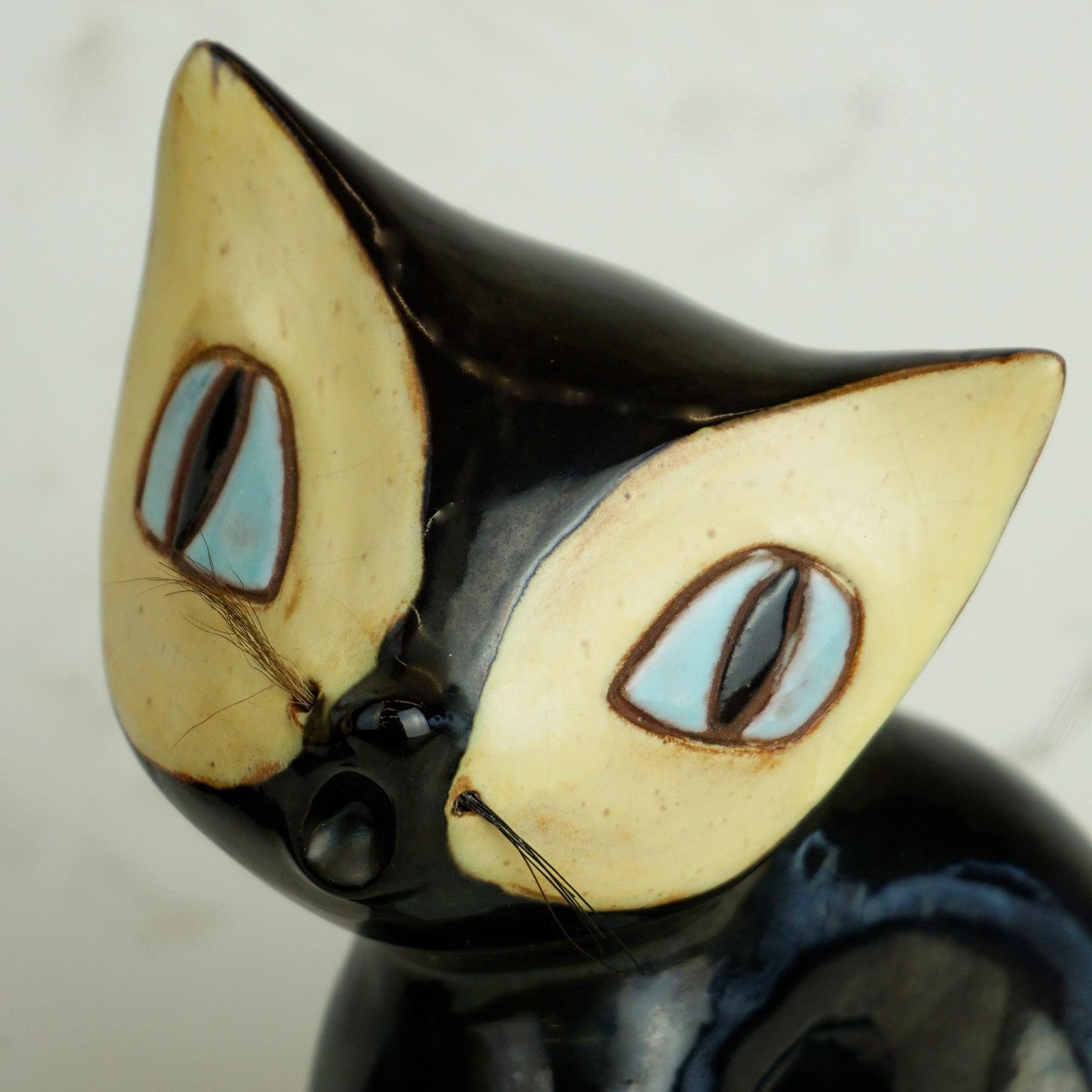 Mid-Century Modern Pair of Austrian Midcentury Black Glazed Ceramic Cats by Leopold Anzengruber