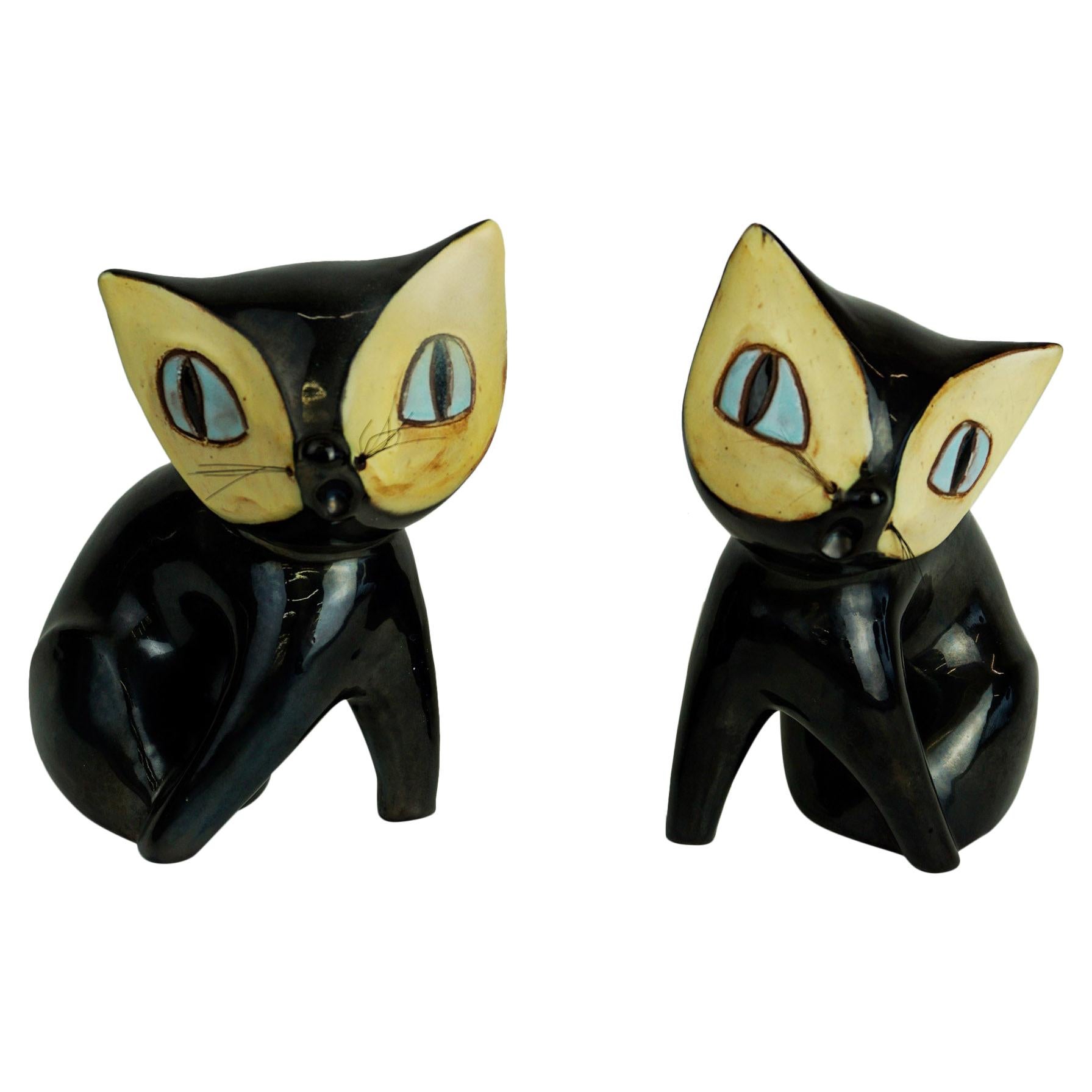 Pair of Austrian Midcentury Black Glazed Ceramic Cats by Leopold Anzengruber