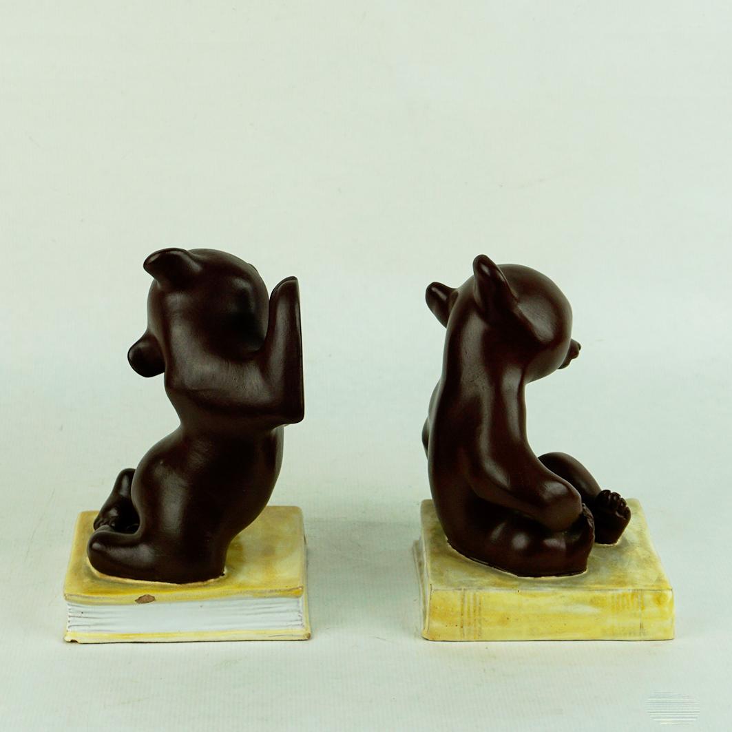 Mid-Century Modern Pair of Austrian Midcentury Brown Glazed Ceramic Bear Book Ends by Anzengruber For Sale