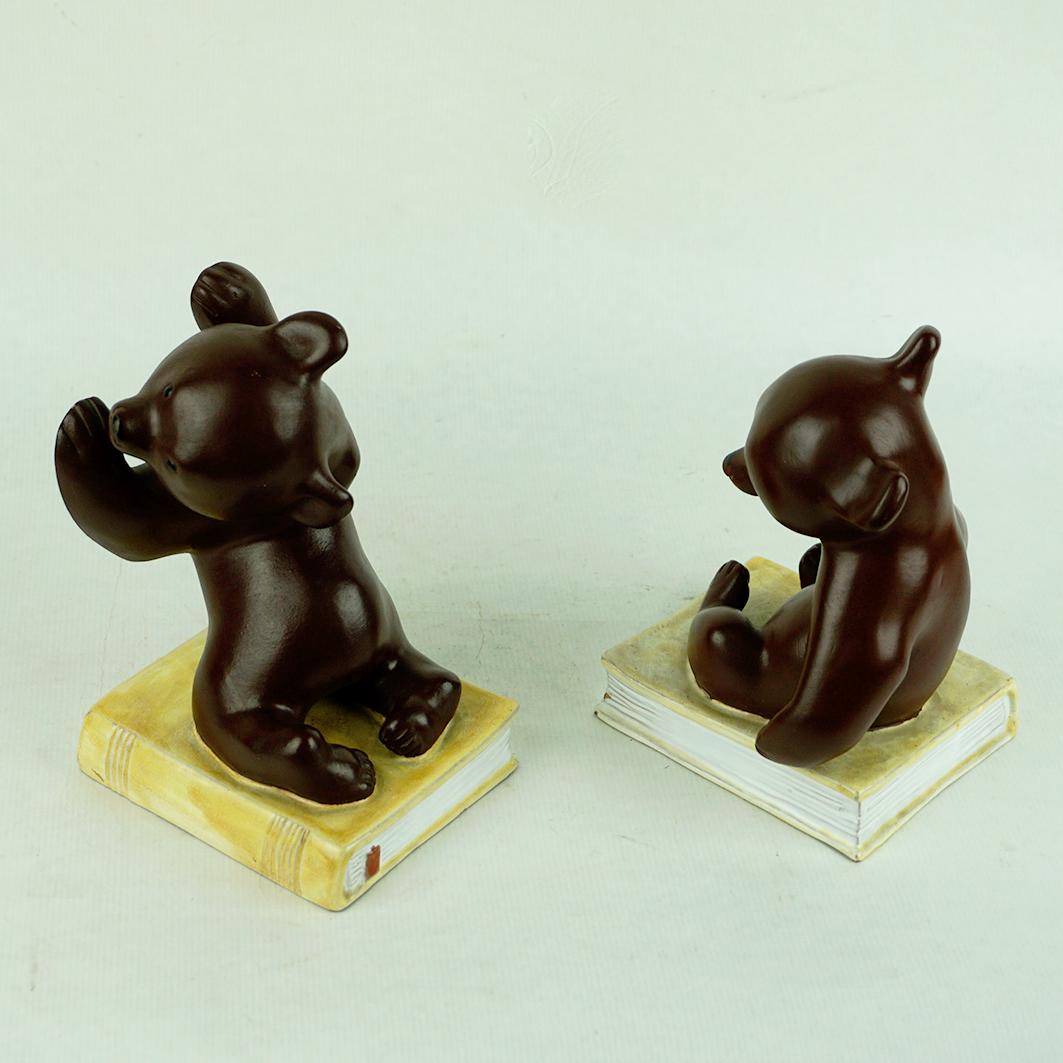 Mid-20th Century Pair of Austrian Midcentury Brown Glazed Ceramic Bear Book Ends by Anzengruber For Sale