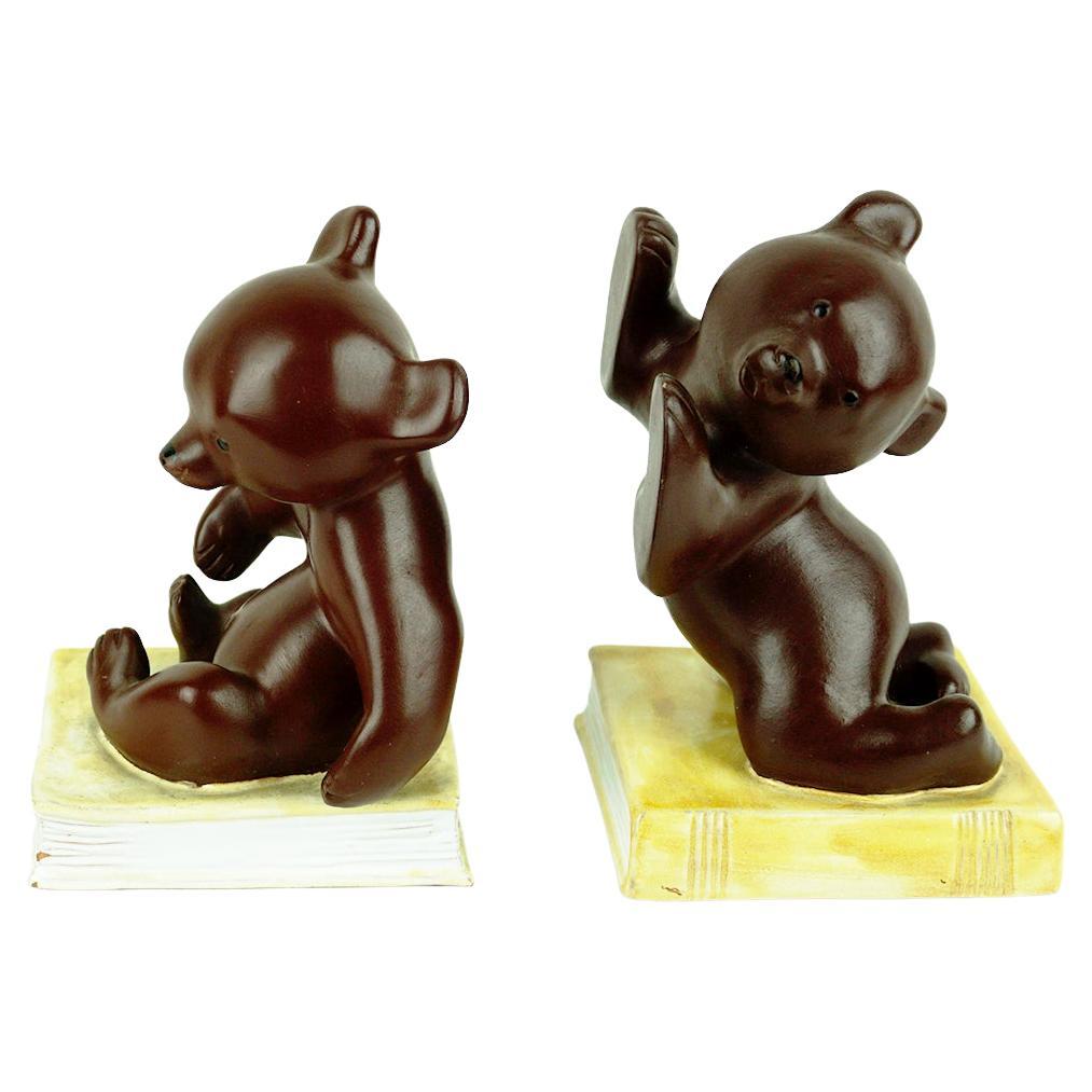Pair of Austrian Midcentury Brown Glazed Ceramic Bear Book Ends by Anzengruber For Sale