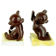 Retro Pair of Austrian Midcentury Brown Glazed Ceramic Bear Book Ends by Anzengruber