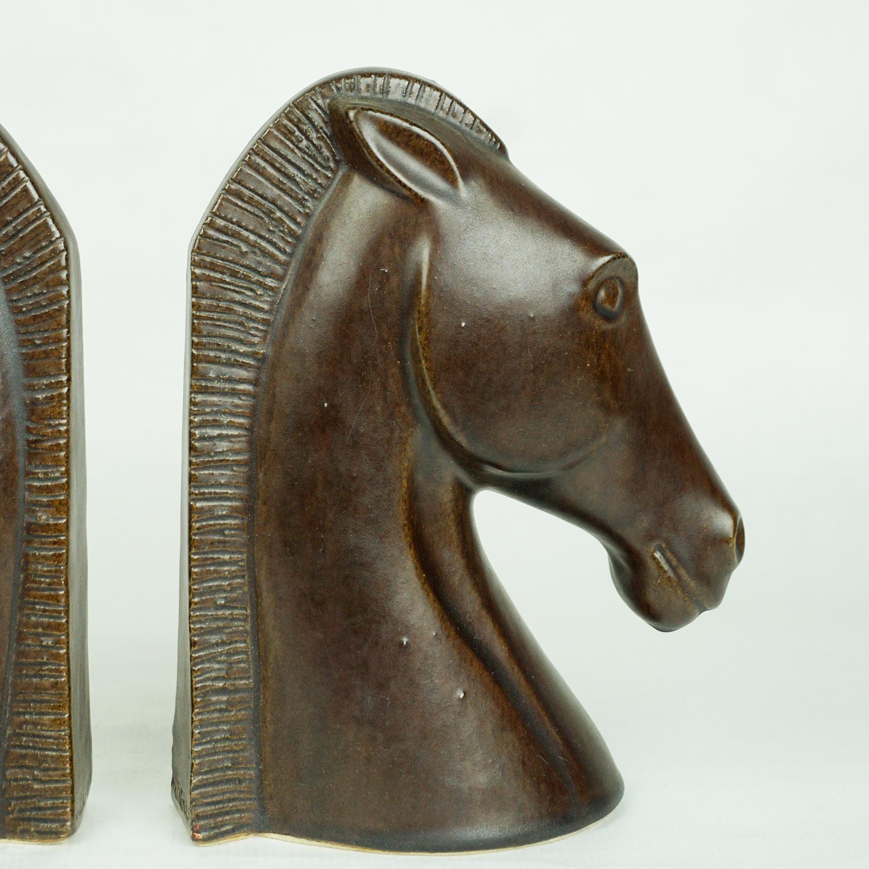 Mid-Century Modern Pair of Austrian Midcentury Brown Glazed Ceramic Horse Book Ends by Anzengruber