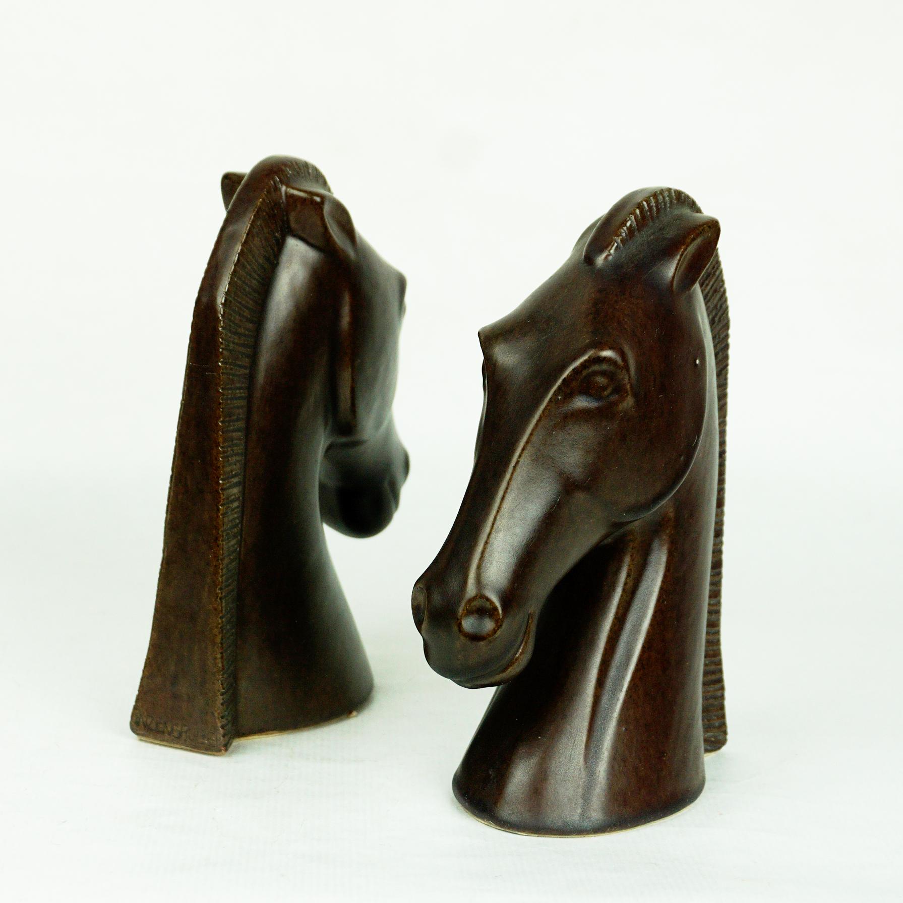 Pair of Austrian Midcentury Brown Glazed Ceramic Horse Book Ends by Anzengruber 2