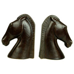 Pair of Austrian Midcentury Brown Glazed Ceramic Horse Book Ends by Anzengruber