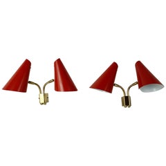 Vintage Pair of Austrian Midcentury Red Double Arm Brass Wall Lights Kalmar Attributed