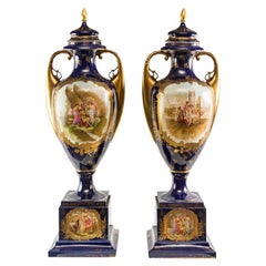 Pair of Austrian Painted Gilded Porcelain Vases, Wien 19th Century German Signed