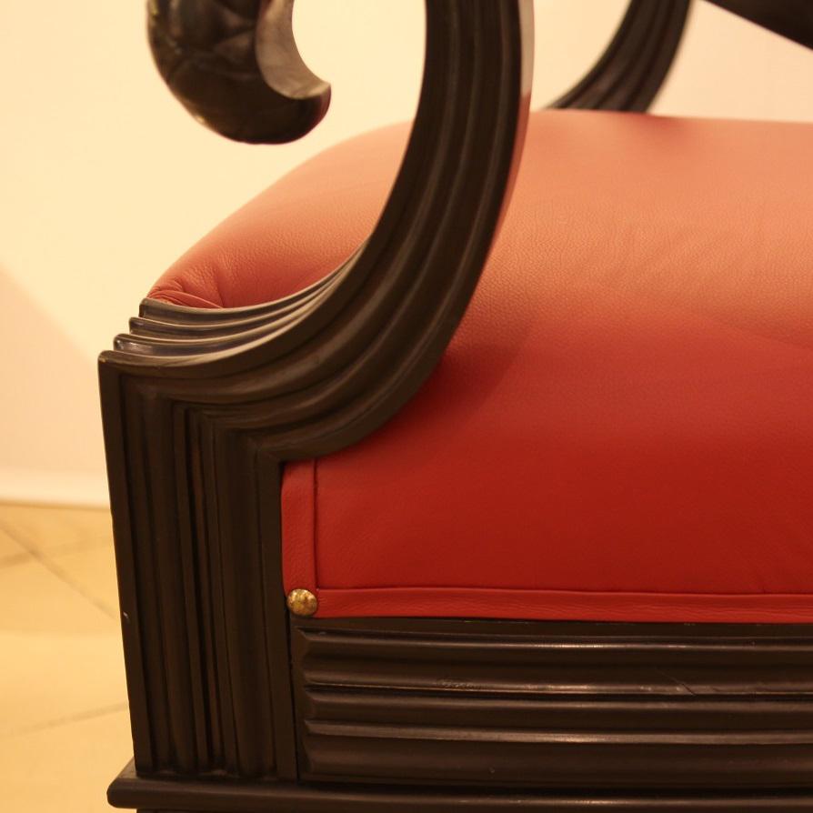 Early 20th Century Pair of Austrian Red Leather Art Deco Armchairs Attributed to Otto Prutscher For Sale