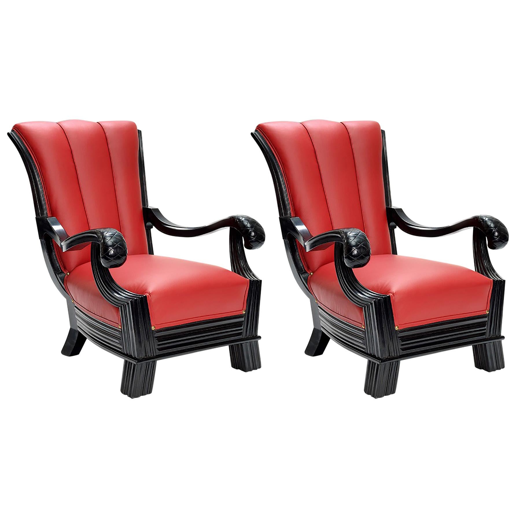 Pair of Austrian Red Leather Art Deco Armchairs Attributed to Otto Prutscher