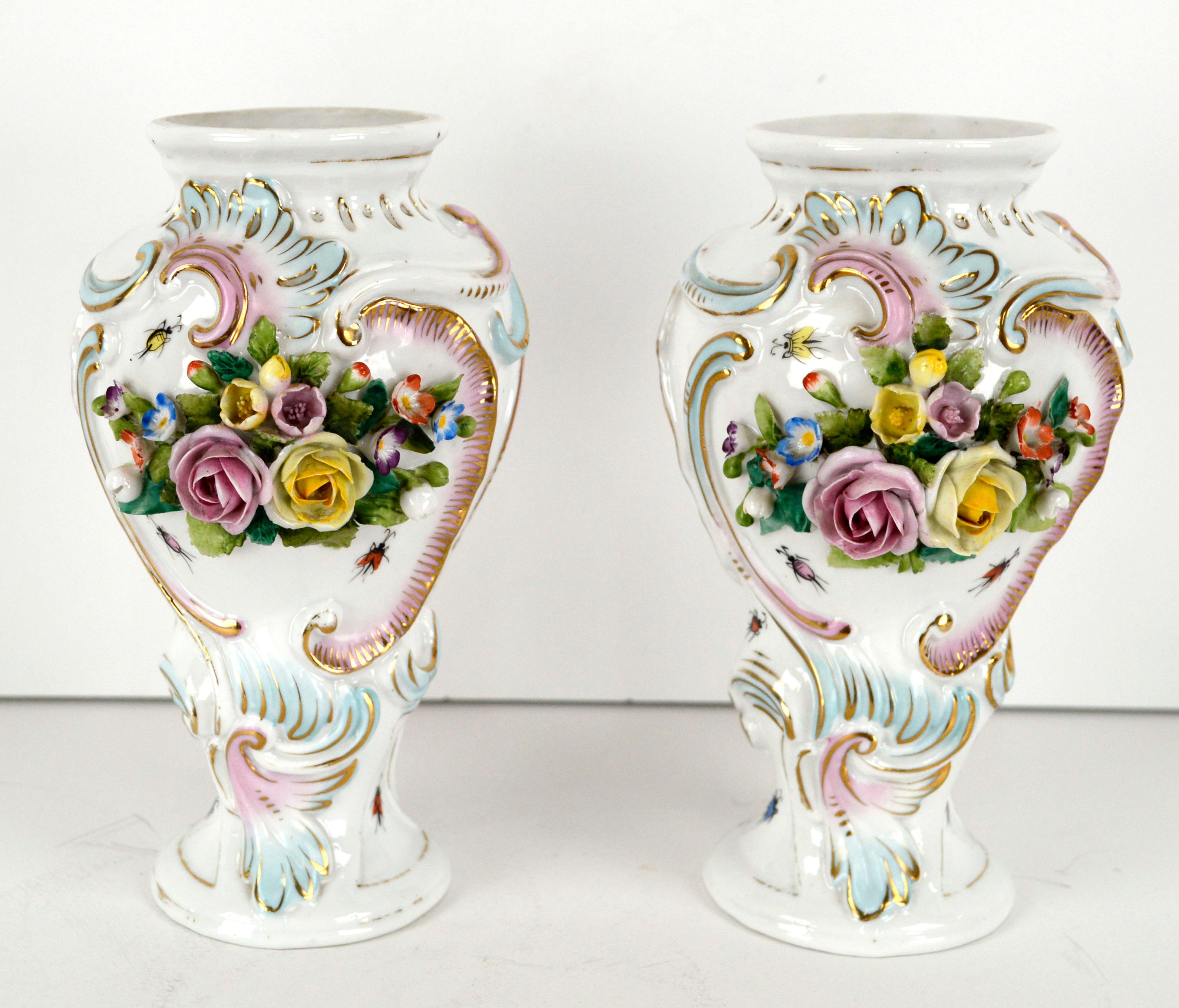 Painted Pair of Austrian Royal Vienna Porcelain Encrusted Floral Vases For Sale