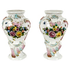 Pair of Austrian Royal Vienna Porcelain Encrusted Floral Vases