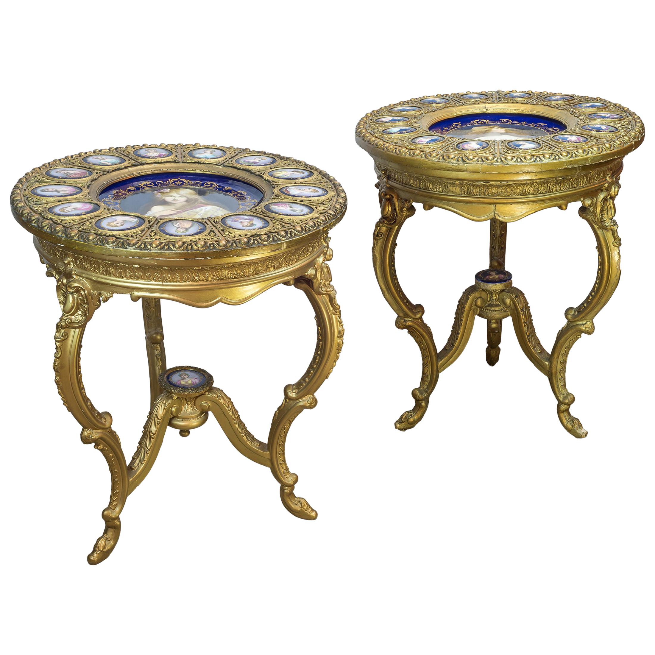 Pair of Austrian Royal Vienna Three-Legged Gilt Wood and Porcelain Parlor Table