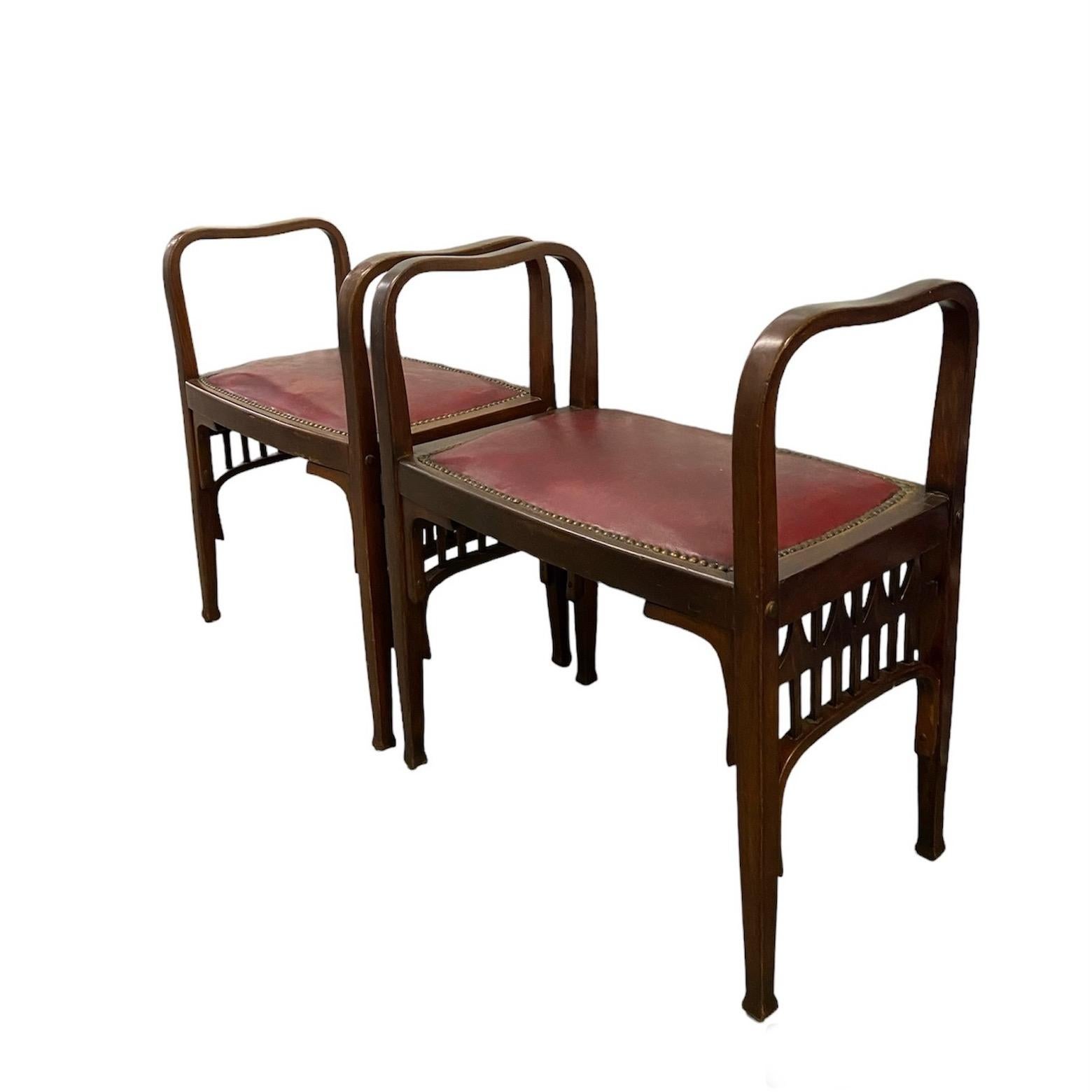 Leather Pair of Austrian Secessionist Bentwood Stools, Benches or Causeuses, early 20thC For Sale
