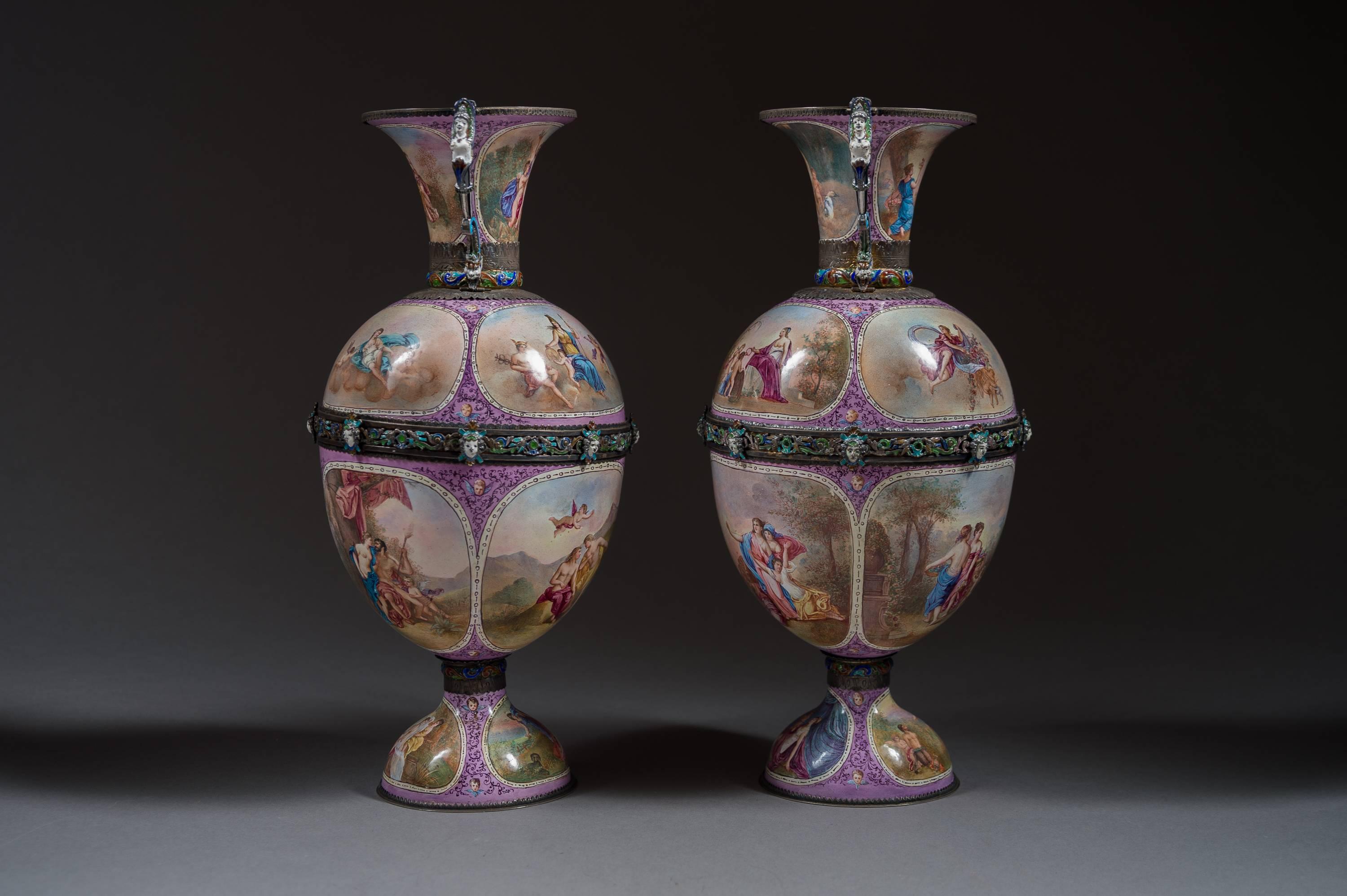 Pair of Austrian Silver and Viennese Enamel Vases by Hermann Bohm 5