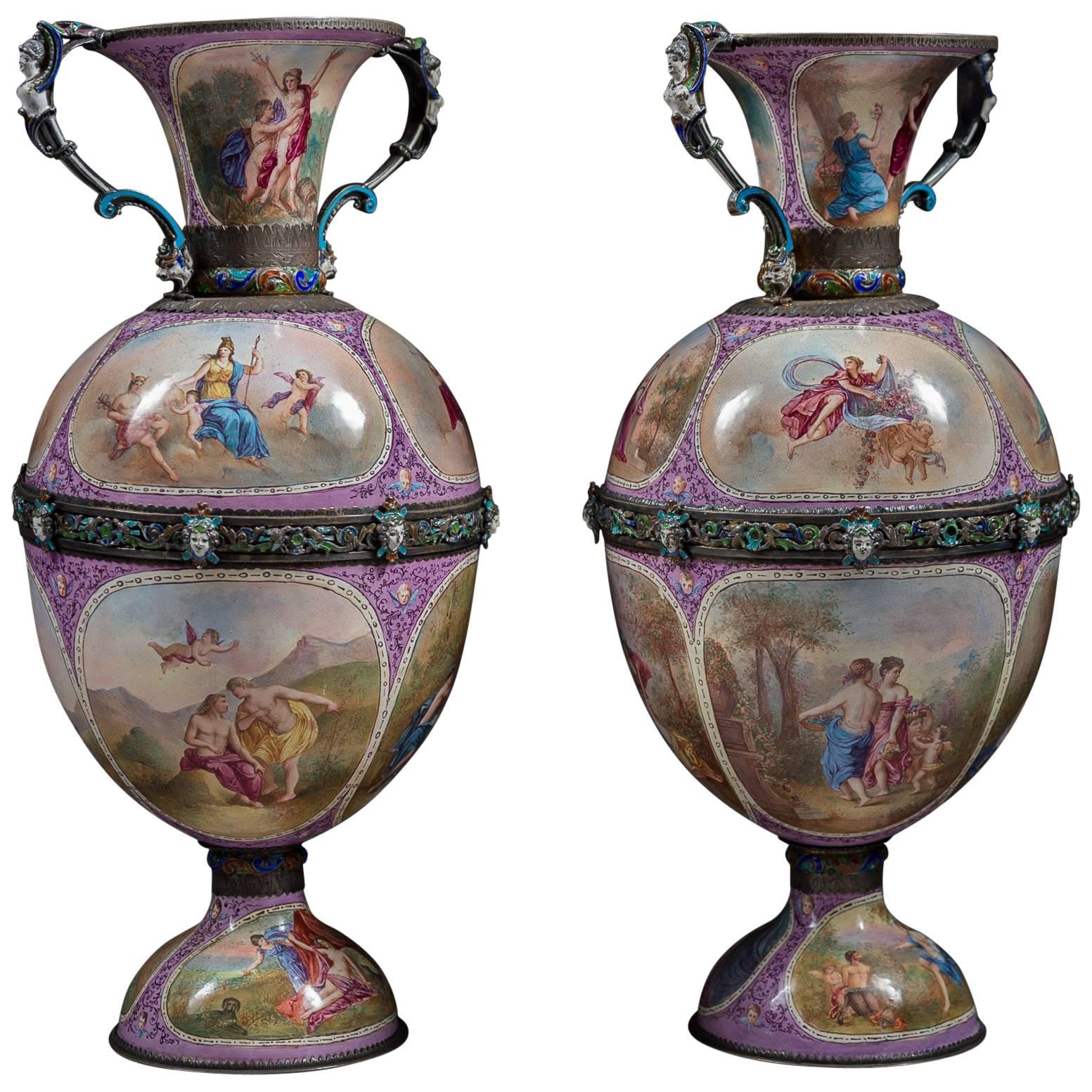 Pair of Austrian Silver and Viennese Enamel Vases by Hermann Bohm