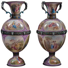 Pair of Austrian Silver and Viennese Enamel Vases by Hermann Bohm